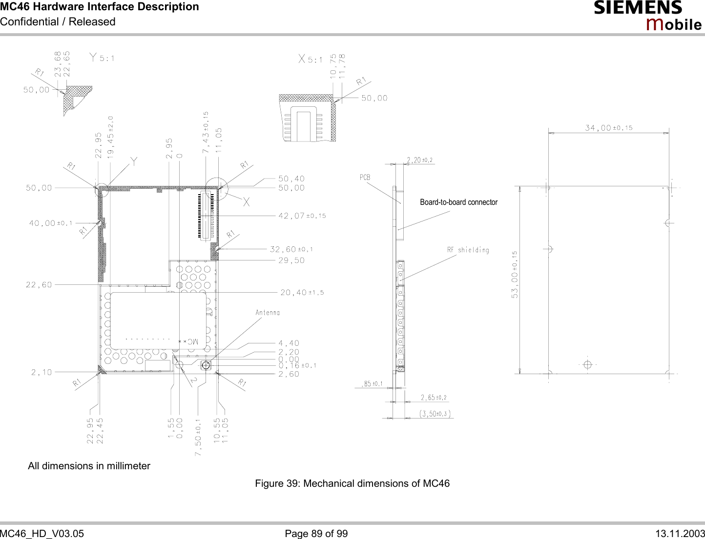 MC46 Hardware Interface Description Confidential / Released s mo b i l e  MC46_HD_V03.05  Page 89 of 99  13.11.2003  Board-to-board connector    All dimensions in millimeter Figure 39: Mechanical dimensions of MC46 