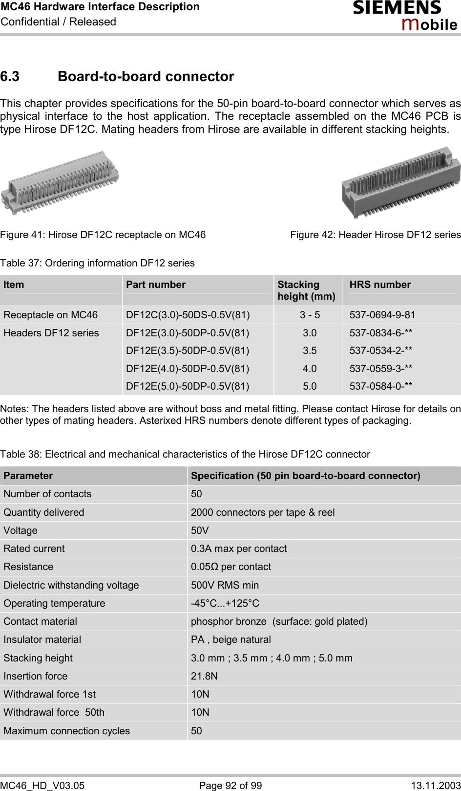 MC46 Hardware Interface Description Confidential / Released s mo b i l e MC46_HD_V03.05  Page 92 of 99  13.11.2003 6.3 Board-to-board connector This chapter provides specifications for the 50-pin board-to-board connector which serves as physical interface to the host application. The receptacle assembled on the MC46 PCB is type Hirose DF12C. Mating headers from Hirose are available in different stacking heights.          Figure 41: Hirose DF12C receptacle on MC46        Figure 42: Header Hirose DF12 series Table 37: Ordering information DF12 series Item  Part number   Stacking  height (mm) HRS number Receptacle on MC46  DF12C(3.0)-50DS-0.5V(81)  3 - 5  537-0694-9-81 Headers DF12 series  DF12E(3.0)-50DP-0.5V(81) DF12E(3.5)-50DP-0.5V(81) DF12E(4.0)-50DP-0.5V(81) DF12E(5.0)-50DP-0.5V(81) 3.0 3.5 4.0 5.0 537-0834-6-** 537-0534-2-** 537-0559-3-** 537-0584-0-**  Notes: The headers listed above are without boss and metal fitting. Please contact Hirose for details on other types of mating headers. Asterixed HRS numbers denote different types of packaging.   Table 38: Electrical and mechanical characteristics of the Hirose DF12C connector Parameter  Specification (50 pin board-to-board connector) Number of contacts  50 Quantity delivered  2000 connectors per tape &amp; reel Voltage  50V Rated current  0.3A max per contact Resistance  0.05&quot; per contact Dielectric withstanding voltage  500V RMS min Operating temperature  -45°C...+125°C Contact material  phosphor bronze  (surface: gold plated) Insulator material  PA , beige natural Stacking height  3.0 mm ; 3.5 mm ; 4.0 mm ; 5.0 mm Insertion force  21.8N Withdrawal force 1st 10N Withdrawal force  50th 10N Maximum connection cycles  50  