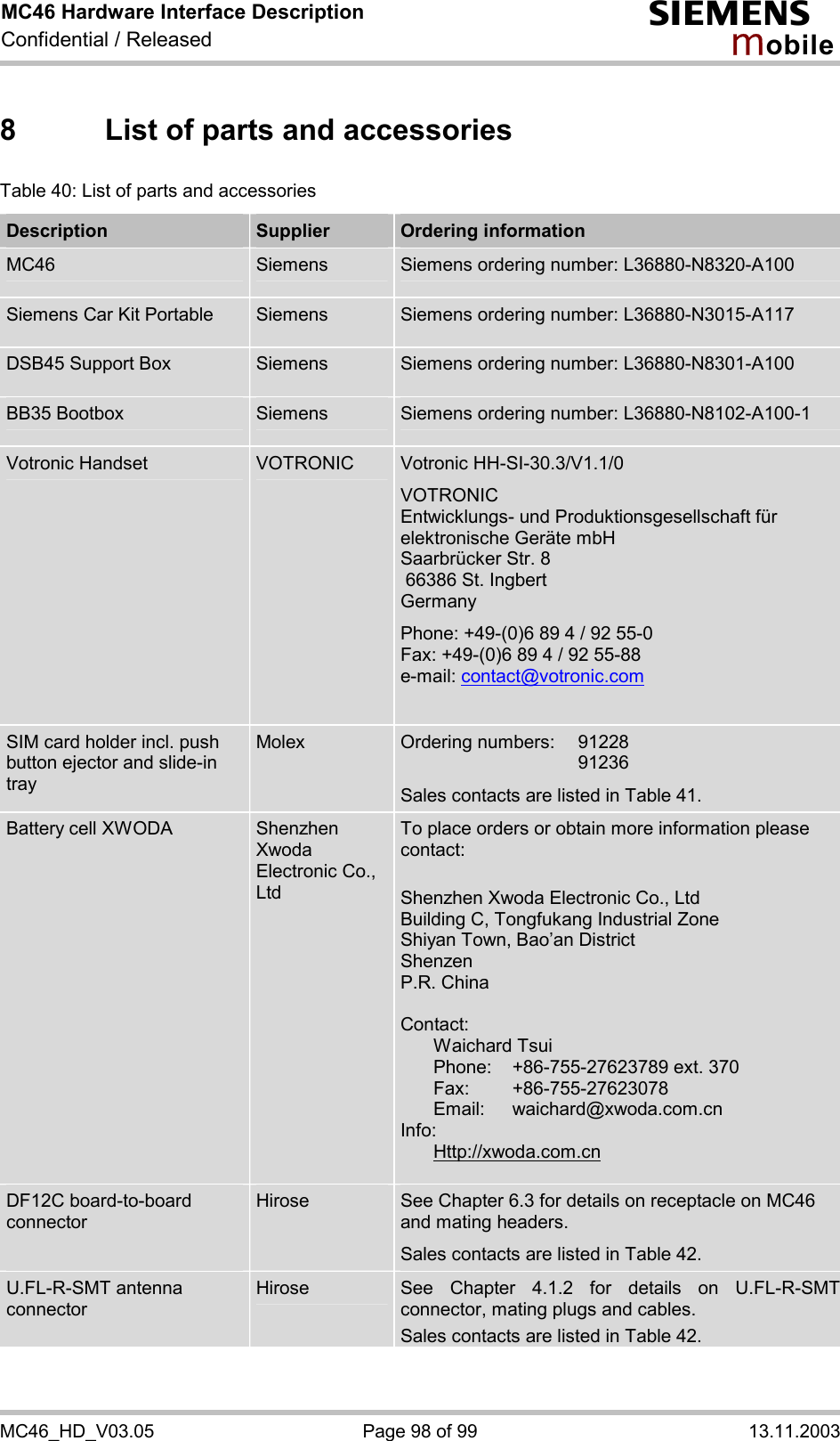 MC46 Hardware Interface Description Confidential / Released s mo b i l e MC46_HD_V03.05  Page 98 of 99  13.11.2003 8  List of parts and accessories Table 40: List of parts and accessories Description  Supplier  Ordering information MC46  Siemens  Siemens ordering number: L36880-N8320-A100 Siemens Car Kit Portable  Siemens  Siemens ordering number: L36880-N3015-A117 DSB45 Support Box  Siemens  Siemens ordering number: L36880-N8301-A100 BB35 Bootbox   Siemens  Siemens ordering number: L36880-N8102-A100-1 Votronic Handset  VOTRONIC  Votronic HH-SI-30.3/V1.1/0 VOTRONIC  Entwicklungs- und Produktionsgesellschaft für elektronische Geräte mbH Saarbrücker Str. 8  66386 St. Ingbert Germany Phone: +49-(0)6 89 4 / 92 55-0 Fax: +49-(0)6 89 4 / 92 55-88 e-mail: contact@votronic.com  SIM card holder incl. push button ejector and slide-in tray Molex  Ordering numbers:  91228   91236 Sales contacts are listed in Table 41. Battery cell XWODA  Shenzhen Xwoda Electronic Co., Ltd To place orders or obtain more information please contact:   Shenzhen Xwoda Electronic Co., Ltd Building C, Tongfukang Industrial Zone Shiyan Town, Bao’an District Shenzen P.R. China  Contact:   Waichard Tsui   Phone:   +86-755-27623789 ext. 370  Fax:   +86-755-27623078  Email: waichard@xwoda.com.cn Info:  Http://xwoda.com.cn  DF12C board-to-board connector  Hirose  See Chapter 6.3 for details on receptacle on MC46 and mating headers. Sales contacts are listed in Table 42. U.FL-R-SMT antenna connector Hirose  See Chapter 4.1.2 for details on U.FL-R-SMT connector, mating plugs and cables. Sales contacts are listed in Table 42.  