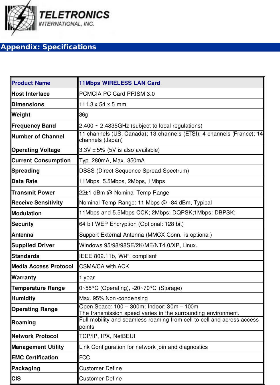   Appendix: Specifications   Product Name   11Mbps WIRELESS LAN Card Host Interface   PCMCIA PC Card PRISM 3.0 Dimensions 111.3 x 54 x 5 mm Weight   36g Frequency Band   2.400 ~ 2.4835GHz (subject to local regulations) Number of Channel 11 channels (US, Canada); 13 channels (ETSI); 4 channels (France); 14 channels (Japan) Operating Voltage 3.3V ± 5% (5V is also available) Current Consumption Typ. 280mA, Max. 350mA Spreading  DSSS (Direct Sequence Spread Spectrum) Data Rate 11Mbps, 5.5Mbps, 2Mbps, 1Mbps Transmit Power 22±1 dBm @ Nominal Temp Range Receive Sensitivity   Nominal Temp Range: 11 Mbps @ -84 dBm, Typical Modulation   11Mbps and 5.5Mbps CCK; 2Mbps: DQPSK;1Mbps: DBPSK; Security   64 bit WEP Encryption (Optional: 128 bit) Antenna Support External Antenna (MMCX Conn.  is optional) Supplied Driver Windows 95/98/98SE/2K/ME/NT4.0/XP, Linux. Standards IEEE 802.11b, Wi-Fi compliant Media Access Protocol CSMA/CA with ACK  Warranty 1 year Temperature Range 0~55°C (Operating), -20~70°C (Storage) Humidity Max. 95% Non -condensing Operating Range Open Space: 100 – 300m; Indoor: 30m – 100m  The transmission speed varies in the surrounding environment. Roaming Full mobility and seamless roaming from cell to cell and across access points Network Protocol TCP/IP, IPX, NetBEUI Management Utility Link Configuration for network join and diagnostics EMC Certification FCC Packaging  Customer Define CIS Customer Define  