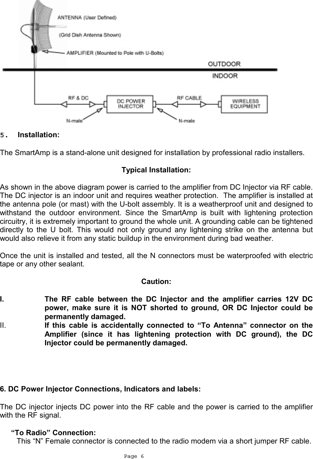  Page 6    5.  Installation:   The SmartAmp is a stand-alone unit designed for installation by professional radio installers.  Typical Installation:  As shown in the above diagram power is carried to the amplifier from DC Injector via RF cable.  The DC injector is an indoor unit and requires weather protection.  The amplifier is installed at the antenna pole (or mast) with the U-bolt assembly. It is a weatherproof unit and designed to withstand the outdoor environment. Since the SmartAmp is built with lightening protection circuitry, it is extremely important to ground the whole unit. A grounding cable can be tightened directly to the U bolt. This would not only ground any lightening strike on the antenna but would also relieve it from any static buildup in the environment during bad weather.   Once the unit is installed and tested, all the N connectors must be waterproofed with electric tape or any other sealant.   Caution:  I.  The RF cable between the DC Injector and the amplifier carries 12V DC power, make sure it is NOT shorted to ground, OR DC Injector could be permanently damaged. II.  If this cable is accidentally connected to “To Antenna” connector on the Amplifier (since it has lightening protection with DC ground), the DC Injector could be permanently damaged.     6. DC Power Injector Connections, Indicators and labels:   The DC injector injects DC power into the RF cable and the power is carried to the amplifier with the RF signal.   “To Radio” Connection: This “N” Female connector is connected to the radio modem via a short jumper RF cable. 