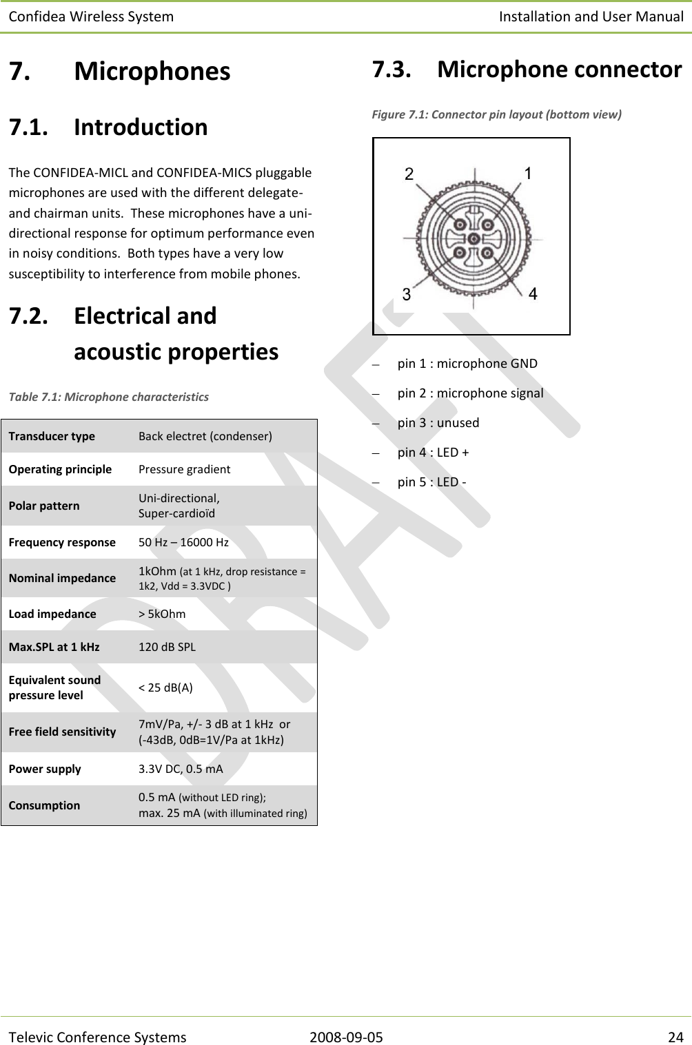 Confidea Wireless System Installation and User Manual   Televic Conference Systems 2008-09-05 24 7. Microphones 7.1. Introduction The CONFIDEA-MICL and CONFIDEA-MICS pluggable microphones are used with the different delegate- and chairman units.  These microphones have a uni-directional response for optimum performance even in noisy conditions.  Both types have a very low susceptibility to interference from mobile phones. 7.2. Electrical and  acoustic properties Table 7.1: Microphone characteristics Transducer type Back electret (condenser) Operating principle Pressure gradient Polar pattern Uni-directional,  Super-cardioïd Frequency response 50 Hz – 16000 Hz Nominal impedance 1kOhm (at 1 kHz, drop resistance = 1k2, Vdd = 3.3VDC ) Load impedance &gt; 5kOhm Max.SPL at 1 kHz 120 dB SPL Equivalent sound pressure level &lt; 25 dB(A) Free field sensitivity 7mV/Pa, +/- 3 dB at 1 kHz  or  (-43dB, 0dB=1V/Pa at 1kHz) Power supply 3.3V DC, 0.5 mA Consumption 0.5 mA (without LED ring);  max. 25 mA (with illuminated ring)  7.3. Microphone connector Figure 7.1: Connector pin layout (bottom view)   pin 1 : microphone GND  pin 2 : microphone signal  pin 3 : unused  pin 4 : LED +  pin 5 : LED - 