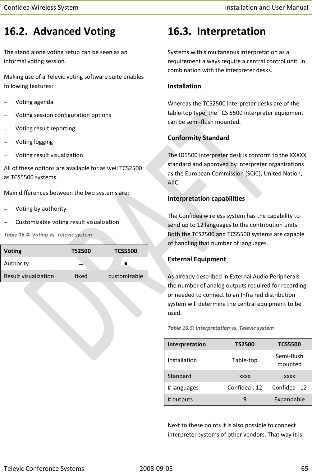 Confidea Wireless System Installation and User Manual   Televic Conference Systems 2008-09-05 65 16.2. Advanced Voting The stand alone voting setup can be seen as an informal voting session. Making use of a Televic voting software suite enables following features:  Voting agenda  Voting session configuration options  Voting result reporting  Voting logging  Voting result visualization All of these options are available for as well TCS2500 as TCS5500 systems. Main differences between the two systems are:  Voting by authority  Customizable voting result visualization Table 16.4: Voting vs. Televic system Voting TS2500 TCS5500 Authority  • Result visualization fixed customizable  16.3. Interpretation Systems with simultaneous interpretation as a requirement always require a central control unit  in combination with the interpreter desks. Installation Whereas the TCS2500 interpreter desks are of the table-top type, the TCS 5500 interpreter equipment can be semi-flush mounted. Conformity Standard The ID5500 interpreter desk is conform to the XXXXX standard and approved by interpreter organizations as the European Commission (SCIC), United Nation, AIIC. Interpretation capabilities The Confidea wireless system has the capability to send up to 12 languages to the contribution units. Both the TCS2500 and TCS5500 systems are capable of handling that number of languages. External Equipment As already described in External Audio Peripherals the number of analog outputs required for recording or needed to connect to an Infra red distribution system will determine the central equipment to be used. Table 16.5: Interpretation vs. Televic system Interpretation TS2500 TCS5500 Installation Table-top Semi-flush mounted Standard xxxx xxxx # languages Confidea : 12 Confidea : 12 # outputs 9 Expandable  Next to these points it is also possible to connect interpreter systems of other vendors. That way it is 
