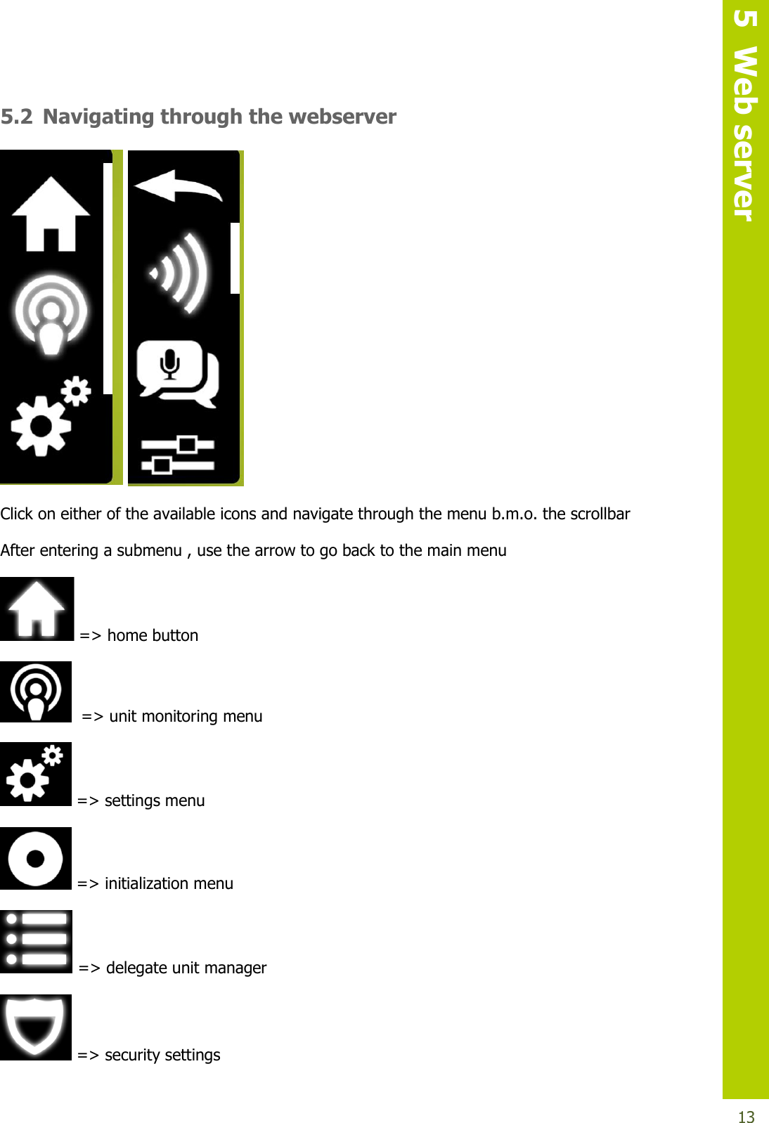   5  Web server  13 5.2 Navigating through the webserver    Click on either of the available icons and navigate through the menu b.m.o. the scrollbar After entering a submenu , use the arrow to go back to the main menu  =&gt; home button   =&gt; unit monitoring menu  =&gt; settings menu  =&gt; initialization menu  =&gt; delegate unit manager  =&gt; security settings 