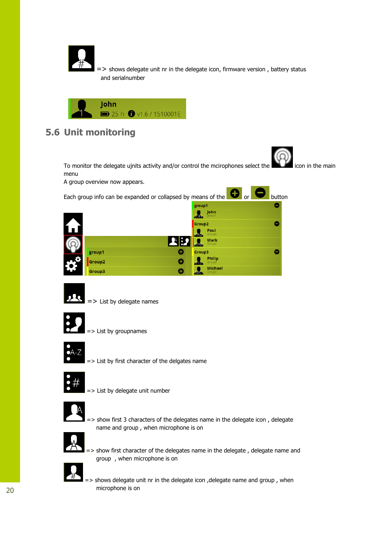   20  =&gt; shows delegate unit nr in the delegate icon, firmware version , battery status                    and serialnumber   5.6 Unit monitoring To monitor the delegate ujnits activity and/or control the mcirophones select the   icon in the main menu A group overview now appears. Each group info can be expanded or collapsed by means of the   or   button       =&gt; List by delegate names   =&gt; List by groupnames  =&gt; List by first character of the delgates name  =&gt; List by delegate unit number  =&gt; show first 3 characters of the delegates name in the delegate icon , delegate                          name and group , when microphone is on  =&gt; show first character of the delegates name in the delegate , delegate name and                           group  , when microphone is on  =&gt; shows delegate unit nr in the delegate icon ,delegate name and group , when                       microphone is on 