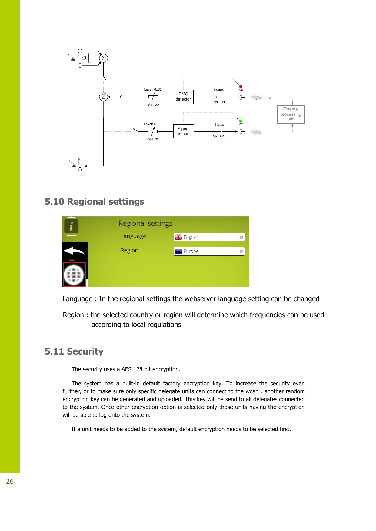   26 ∑≤6Level: 0..32Std. 32RMS detector∑Level: 0..32Std. 32StatusStd. ONSignal present StatusStd. ONOLSPExternal processing unit  5.10 Regional settings  Language : In the regional settings the webserver language setting can be changed Region : the selected country or region will determine which frequencies can be used   according to local regulations  5.11 Security The security uses a AES 128 bit encryption. The  system  has  a  built-in  default  factory  encryption  key.  To  increase  the  security  even further, or to make sure only specific delegate units can connect to the wcap , another random encryption key can be generated and uploaded. This key will be send to all delegates connected to the system. Once other encryption option is selected only those units having the encryption will be able to log onto the system. If a unit needs to be added to the system, default encryption needs to be selected first.  