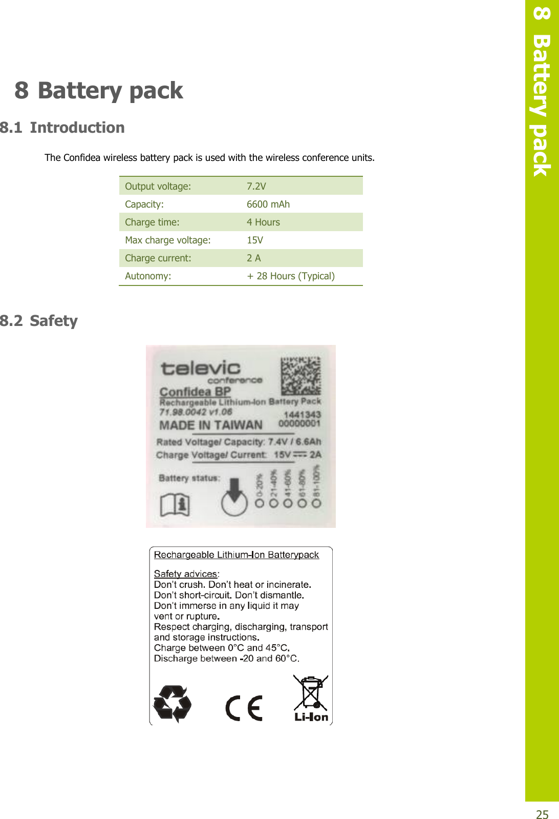   8  Battery pack  25 8 Battery pack 8.1 Introduction The Confidea wireless battery pack is used with the wireless conference units.  Output voltage: 7.2V Capacity: 6600 mAh Charge time: 4 Hours Max charge voltage: 15V Charge current: 2 A Autonomy: + 28 Hours (Typical)  8.2 Safety   