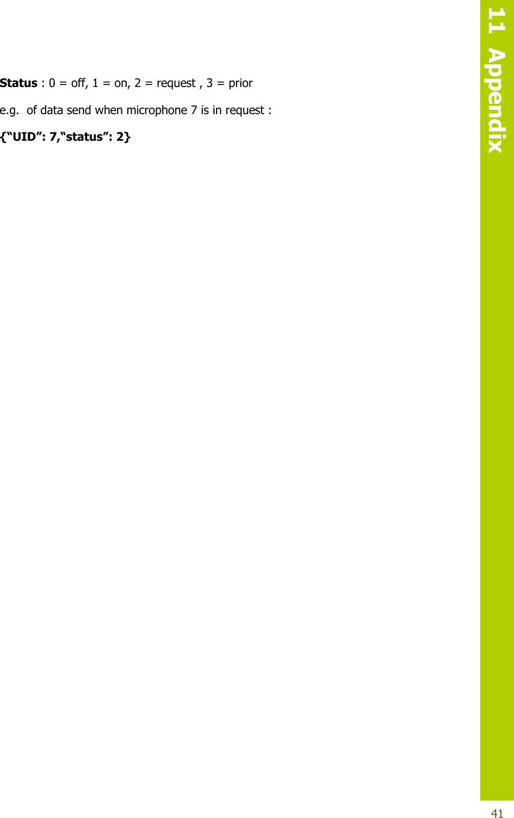   11  Appendix  41 Status : 0 = off, 1 = on, 2 = request , 3 = prior  e.g.  of data send when microphone 7 is in request :  {“UID”: 7,“status”: 2}        