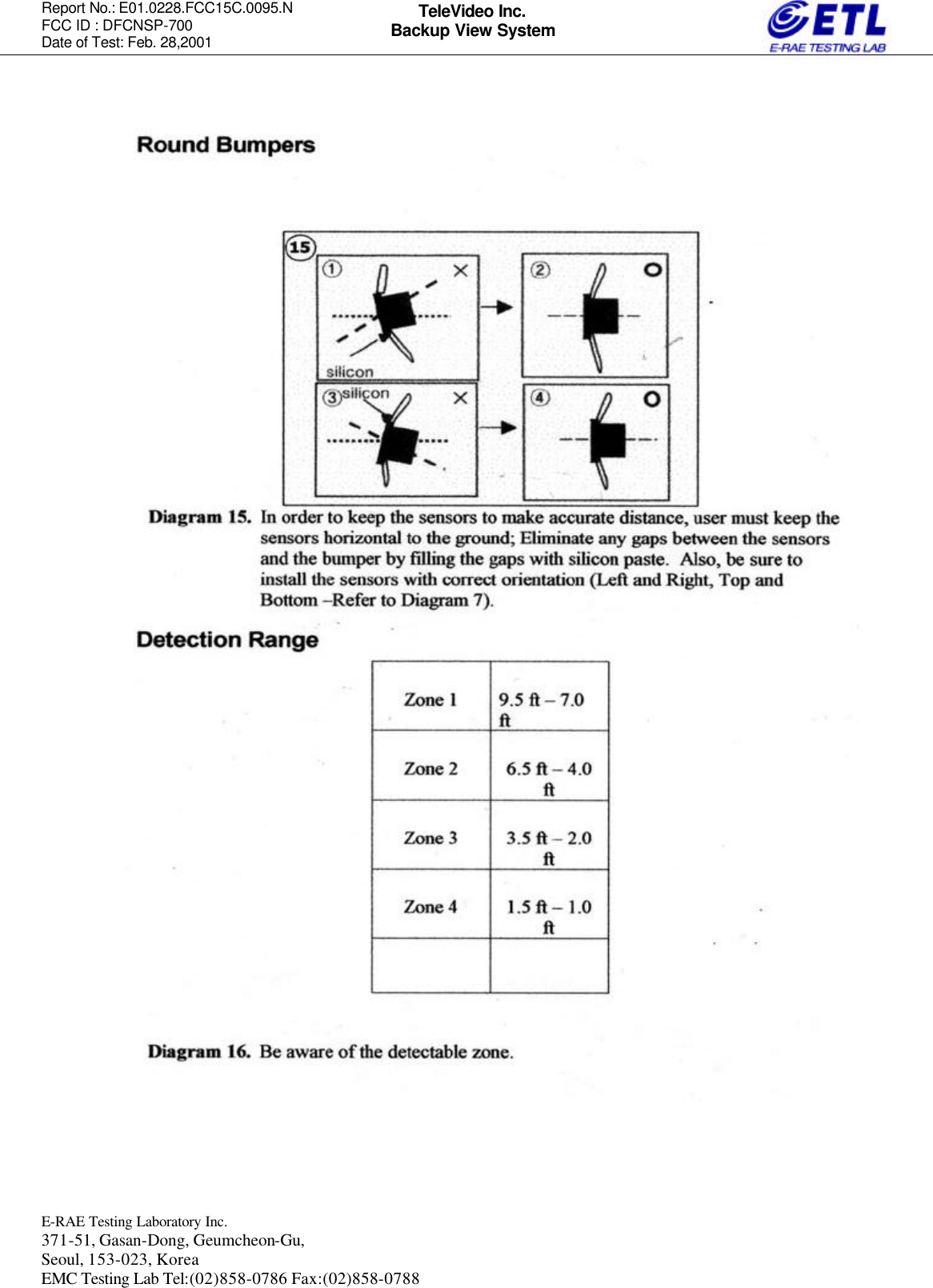 Report No.: E01.0228.FCC15C.0095.N   FCC ID : DFCNSP-700 Date of Test: Feb. 28,2001  E-RAE Testing Laboratory Inc.   371-51, Gasan-Dong, Geumcheon-Gu, Seoul, 153-023, Korea EMC Testing Lab Tel:(02)858-0786 Fax:(02)858-0788  TeleVideo Inc. Backup View System                                                  