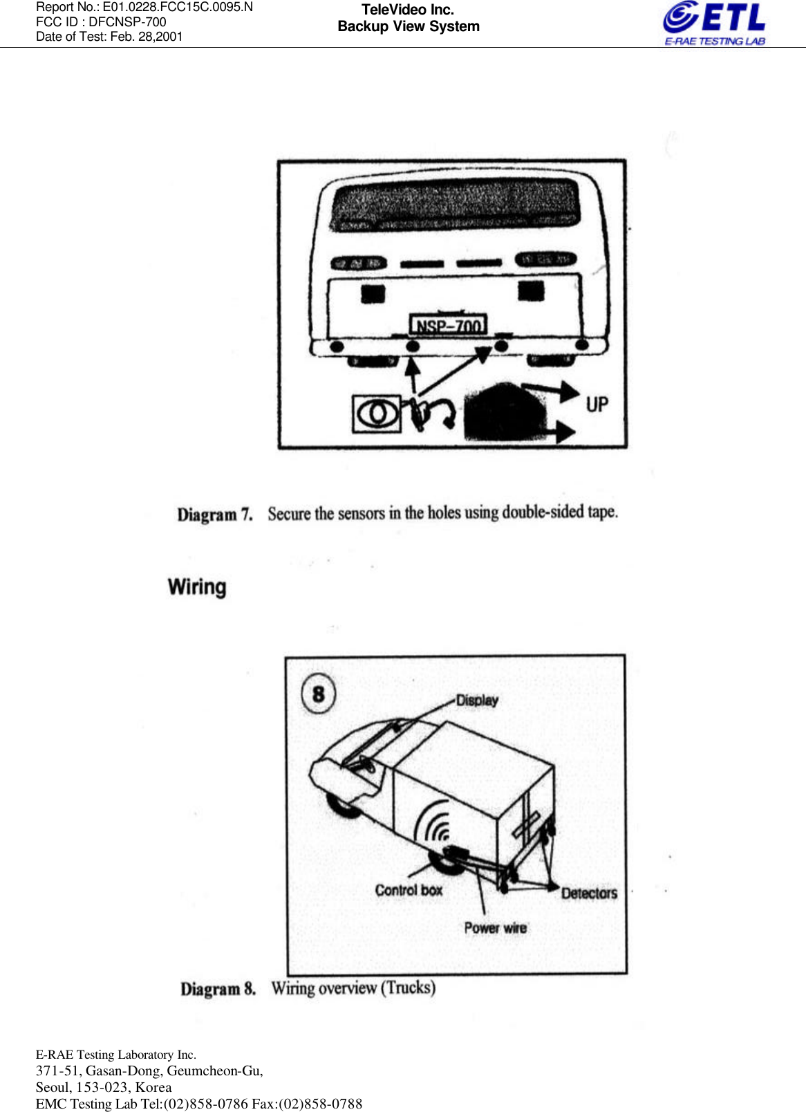 Report No.: E01.0228.FCC15C.0095.N   FCC ID : DFCNSP-700 Date of Test: Feb. 28,2001  E-RAE Testing Laboratory Inc.   371-51, Gasan-Dong, Geumcheon-Gu, Seoul, 153-023, Korea EMC Testing Lab Tel:(02)858-0786 Fax:(02)858-0788  TeleVideo Inc. Backup View System                                                  