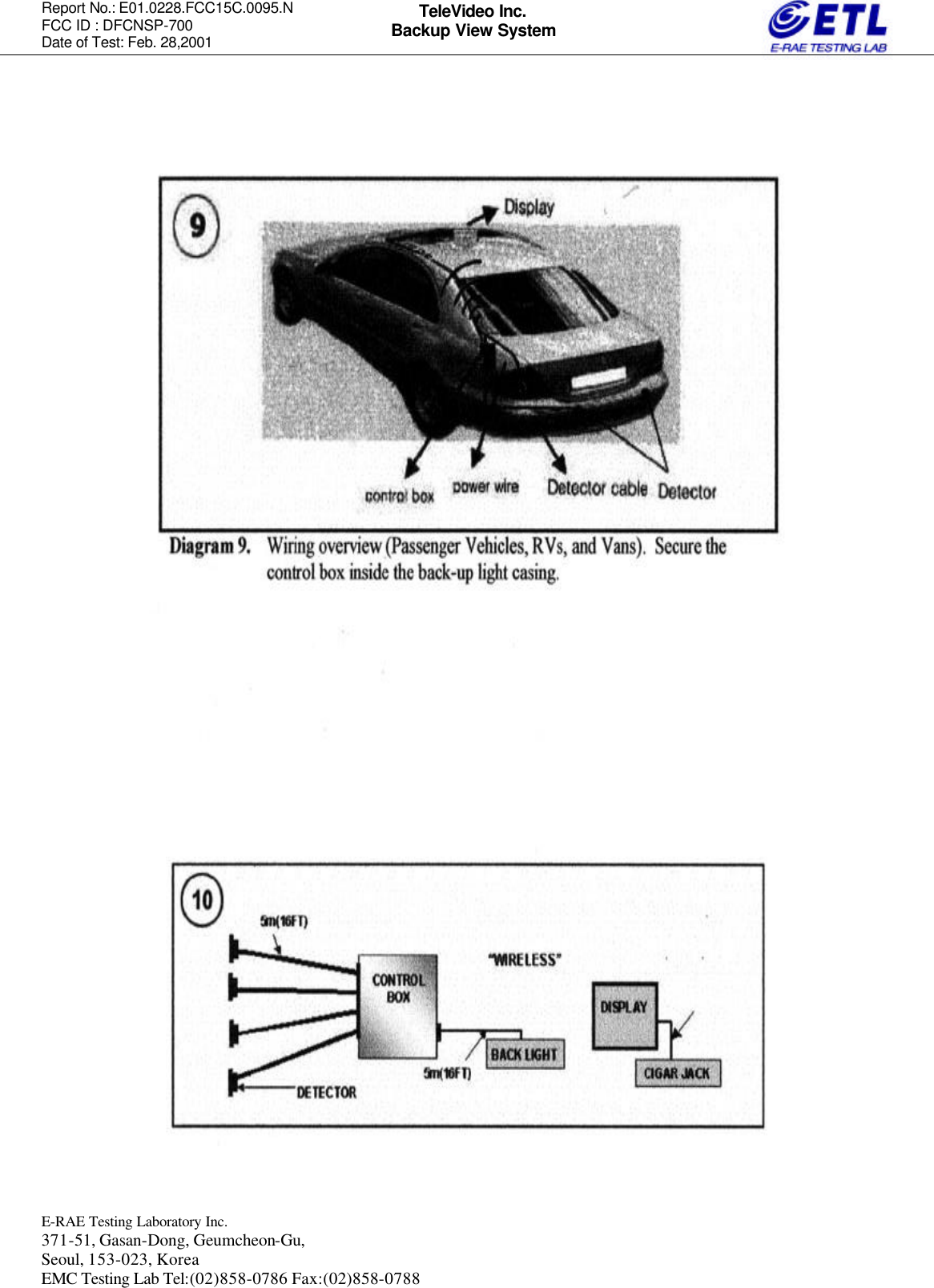 Report No.: E01.0228.FCC15C.0095.N   FCC ID : DFCNSP-700 Date of Test: Feb. 28,2001  E-RAE Testing Laboratory Inc.   371-51, Gasan-Dong, Geumcheon-Gu, Seoul, 153-023, Korea EMC Testing Lab Tel:(02)858-0786 Fax:(02)858-0788  TeleVideo Inc. Backup View System                                                  