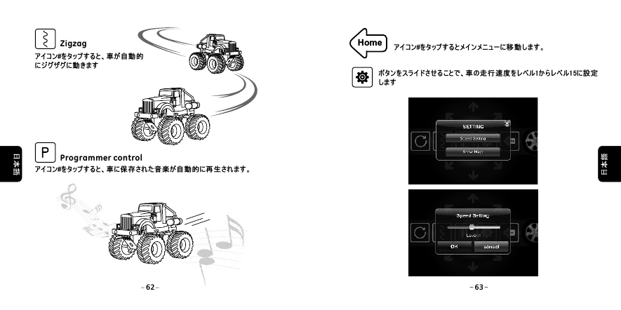 アイコン#をタップすると、車が自動的にジグザグに動きますアイコン#をタップすると、車に保存された音楽が自動的に再生されます。ZigzagProgrammer controlHome アイコン#をタップするとメインメニューに移動します。ボタンをスライドさせることで、車の走行速度をレベル1からレベル15に設定します62 63
