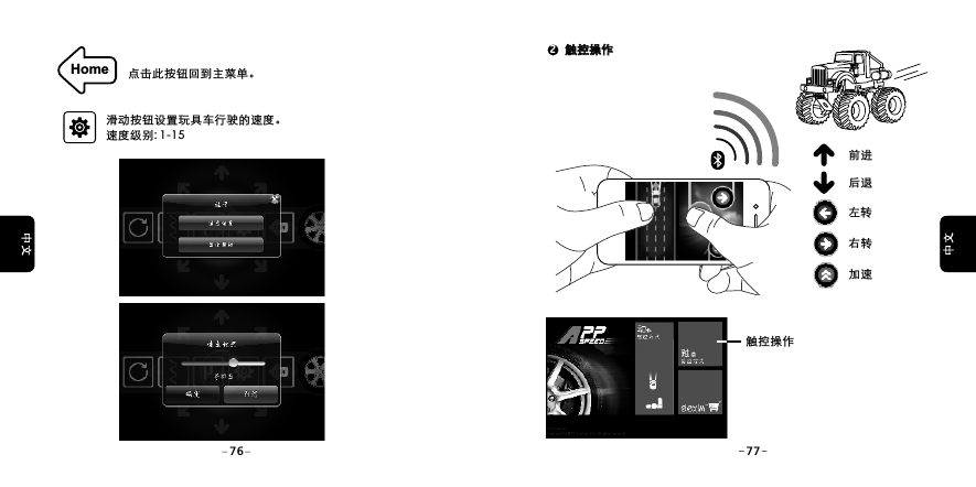 Home滑动按钮设置玩具车行驶的速度。速度级别: 1-15点击此按钮回到主菜单。2触控操作触控操作右转加速左转前进后退 触控操作76 77