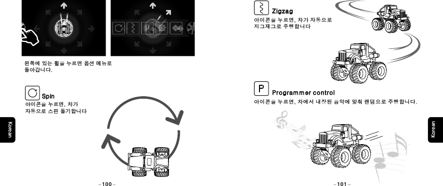 KoreanKorean아이콘을 누르면, 차가 자동으로 지그재그로 주행합니다아이콘을 누르면, 차에서 내장된 음악에 맞춰 랜덤으로 주행합니다. ZigzagZigzagProgrammer controlProgrammer control아이콘을 누르면, 차가 자동으로 스핀 돌기합니다SpinSpin왼쪽에 있는 휠을 누르면 옵션 메뉴로 돌아갑니다. 100 101