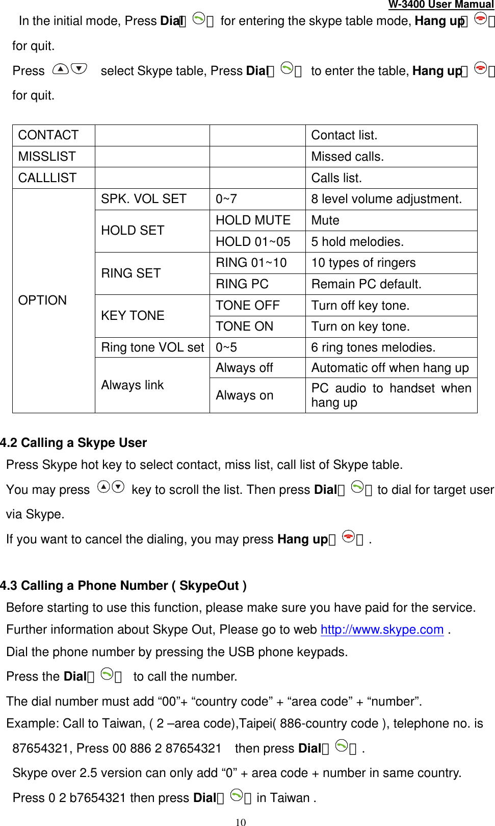 W-3400 User Mamual 10  In the initial mode, Press Dial（ ） for entering the skype table mode, Hang up（ ） for quit. Press    select Skype table, Press Dial（ ） to enter the table, Hang up（ ）for quit.  CONTACT      Contact list. MISSLIST      Missed calls. CALLLIST      Calls list. SPK. VOL SET 0~7 8 level volume adjustment. HOLD MUTE Mute HOLD SET HOLD 01~05 5 hold melodies. RING 01~10 10 types of ringers RING SET RING PC Remain PC default. TONE OFF Turn off key tone. KEY TONE TONE ON Turn on key tone. Ring tone VOL set 0~5 6 ring tones melodies. Always off Automatic off when hang up OPTION Always link Always on PC audio to handset when hang up    4.2 Calling a Skype User Press Skype hot key to select contact, miss list, call list of Skype table. You may press   key to scroll the list. Then press Dial（ ）to dial for target user via Skype. If you want to cancel the dialing, you may press Hang up（ ）.  4.3 Calling a Phone Number ( SkypeOut ) Before starting to use this function, please make sure you have paid for the service. Further information about Skype Out, Please go to web http://www.skype.com . Dial the phone number by pressing the USB phone keypads.   Press the Dial（ ） to call the number. The dial number must add “00”+ “country code” + “area code” + “number”.  Example: Call to Taiwan, ( 2 –area code),Taipei( 886-country code ), telephone no. is 87654321, Press 00 886 2 87654321   then press Dial（ ）. Skype over 2.5 version can only add “0” + area code + number in same country. Press 0 2 b7654321 then press Dial（ ）in Taiwan . 