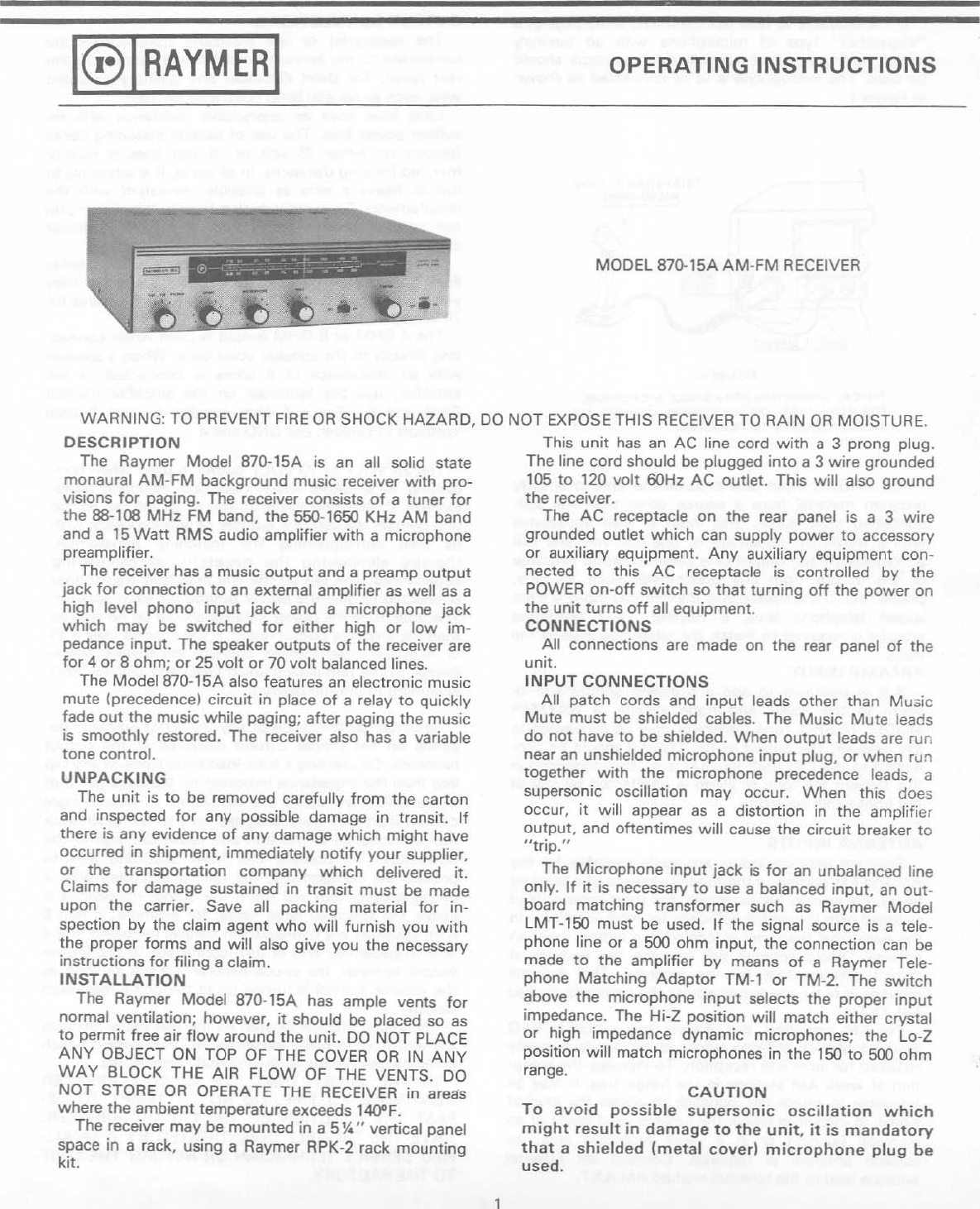 Page 1 of 4 - Telex Telex-Am-Fm-Receiver-870-15A-Users-Manual- 870-15A EDS  Telex-am-fm-receiver-870-15a-users-manual