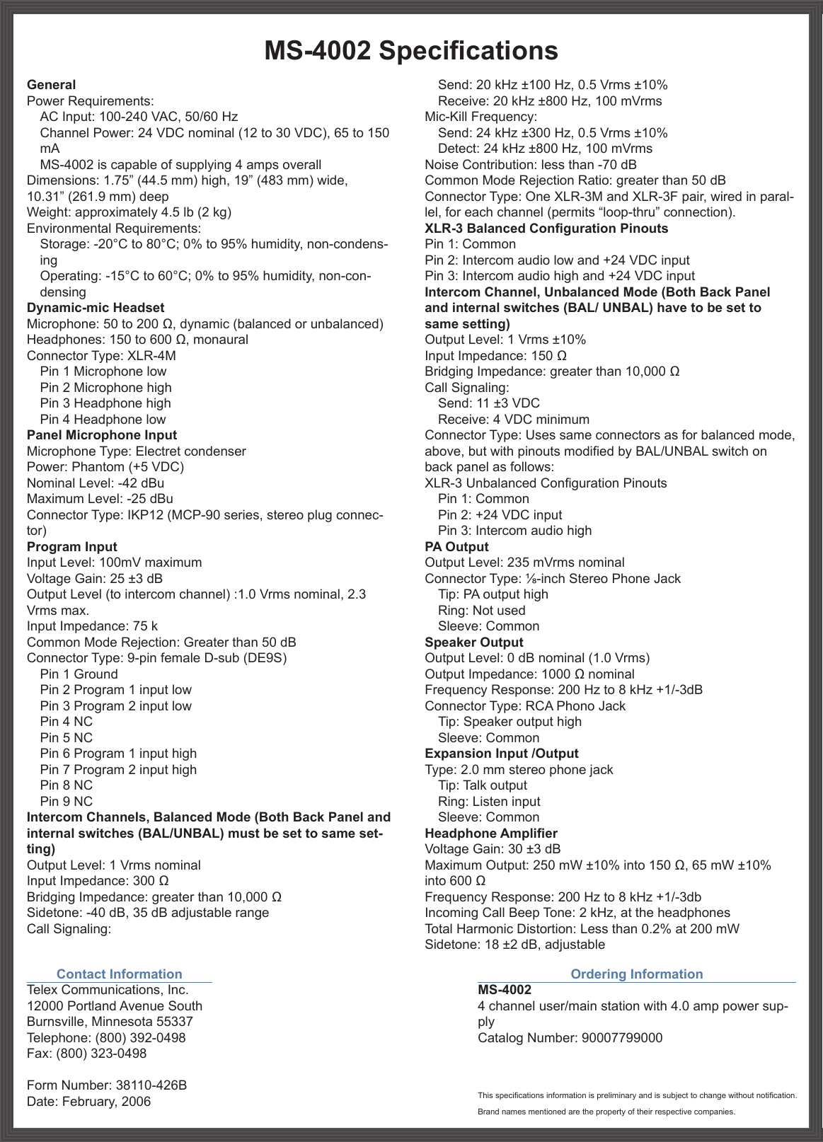Page 2 of 2 - Telex Telex-Ms-4002-Users-Manual- Audiocom MS-4002 Technical Data Sheet  Telex-ms-4002-users-manual
