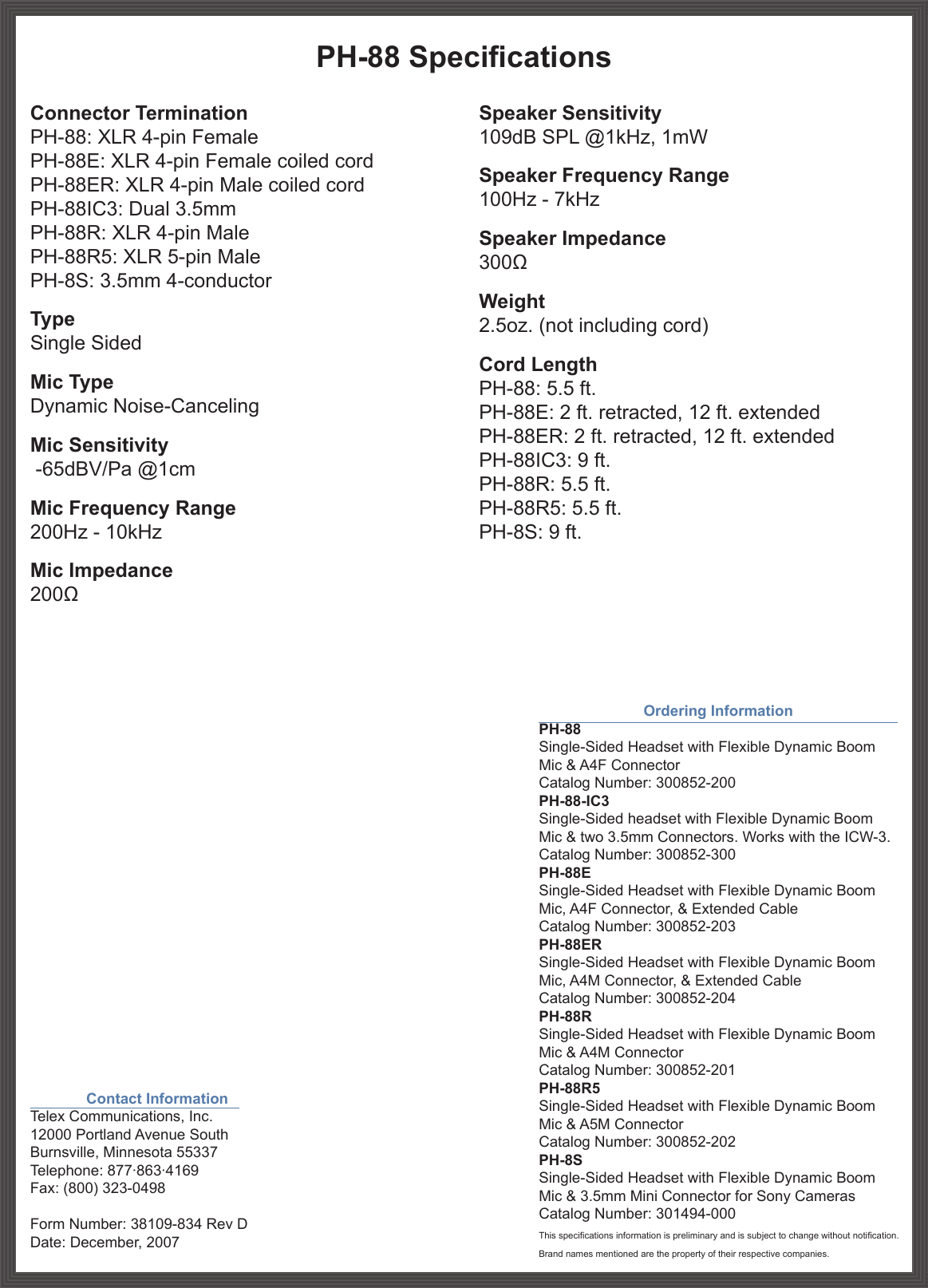 Page 2 of 2 - Telex Telex-Ph-88Er-Users-Manual- PH-88 Technical Data Sheet Telex-ph-88er-users-manual