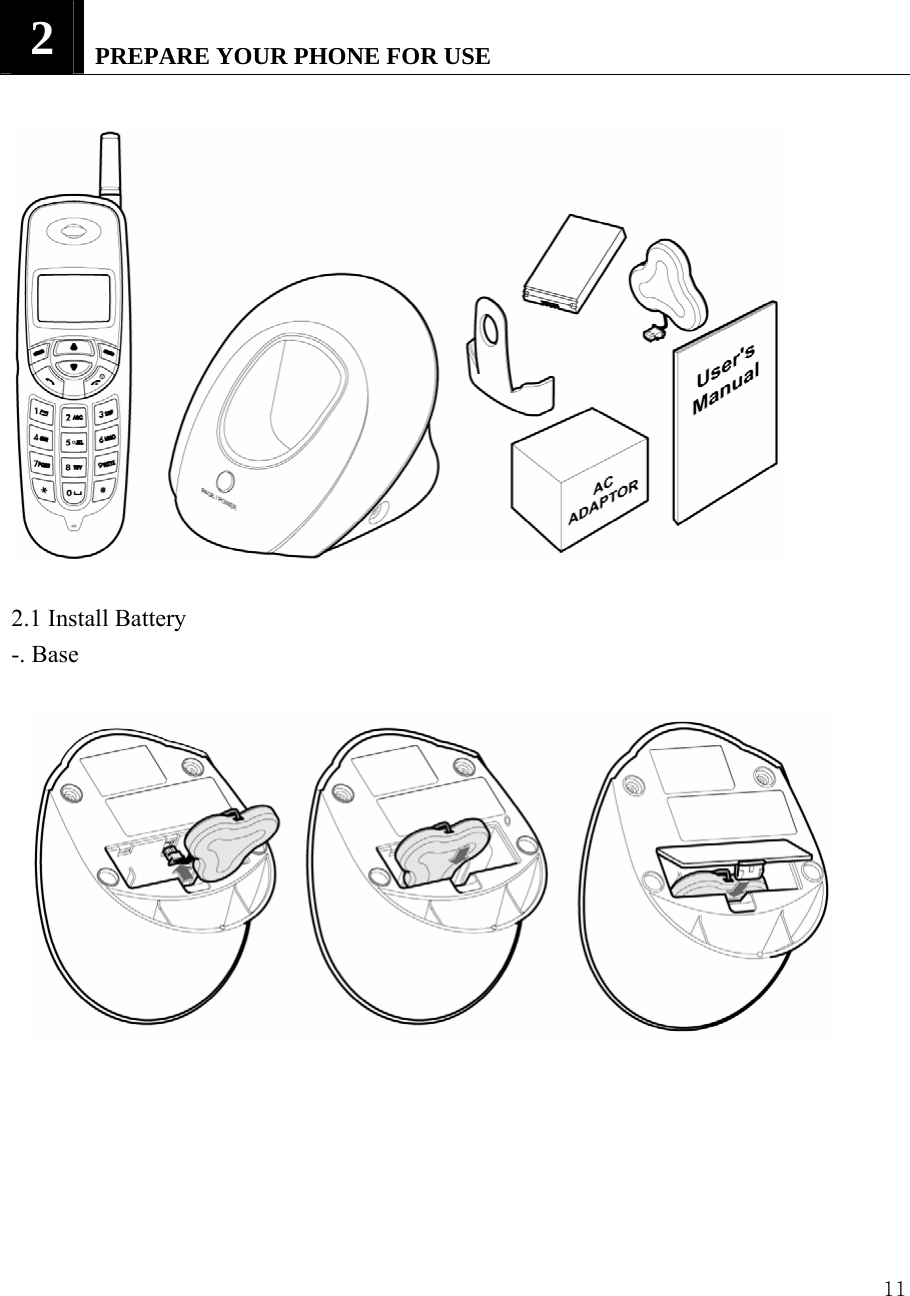  112   PREPARE YOUR PHONE FOR USE   2.1 Install Battery -. Base       