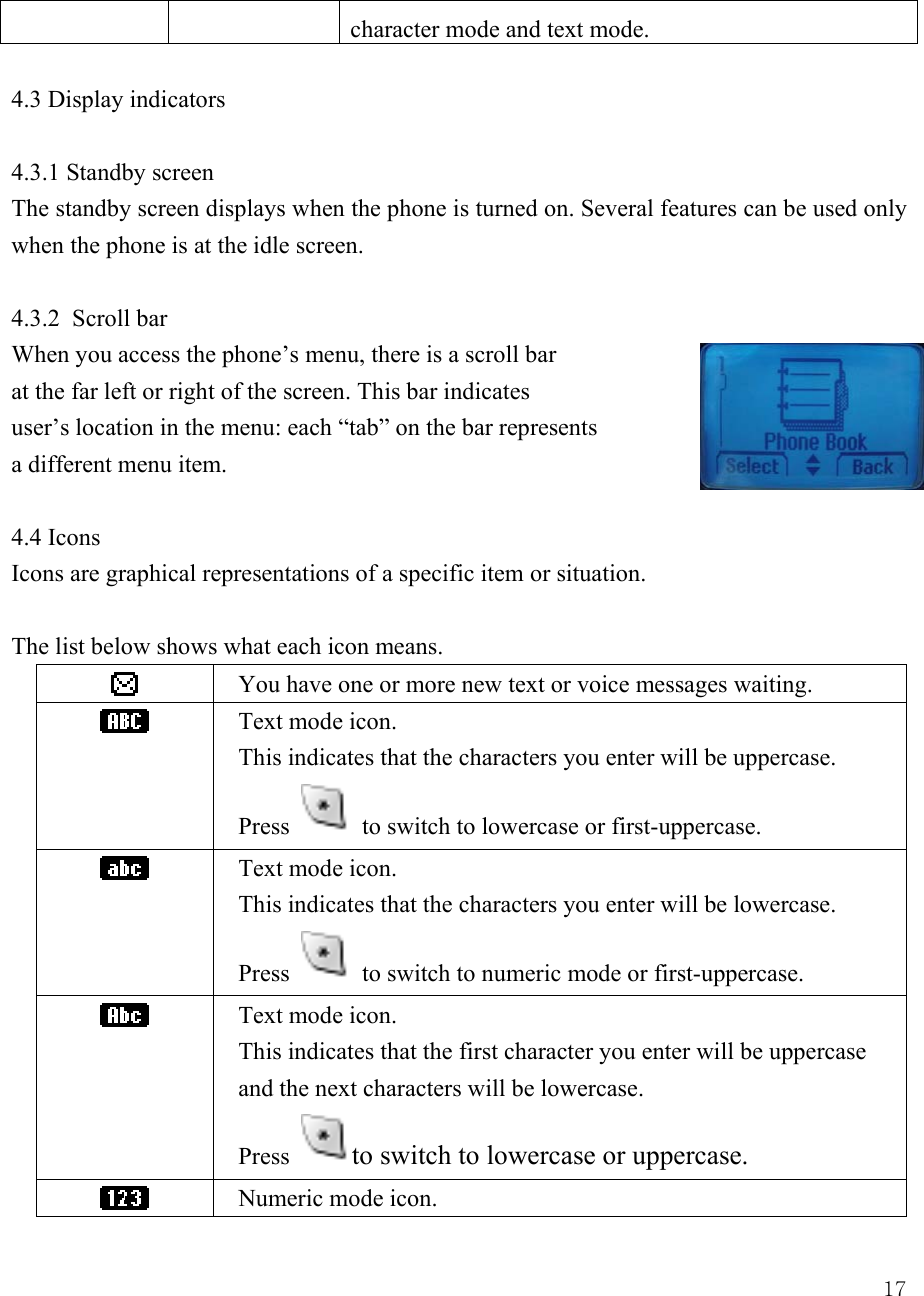  17character mode and text mode.    4.3 Display indicators  4.3.1 Standby screen    The standby screen displays when the phone is turned on. Several features can be used only when the phone is at the idle screen.    4.3.2  Scroll bar   When you access the phone&rsquo;s menu, there is a scroll bar at the far left or right of the screen. This bar indicates   user&rsquo;s location in the menu: each &ldquo;tab&rdquo; on the bar represents a different menu item.    4.4 Icons   Icons are graphical representations of a specific item or situation.    The list below shows what each icon means.    You have one or more new text or voice messages waiting.  Text mode icon.     This indicates that the characters you enter will be uppercase.   Press   to switch to lowercase or first-uppercase.  Text mode icon. This indicates that the characters you enter will be lowercase.   Press   to switch to numeric mode or first-uppercase.  Text mode icon. This indicates that the first character you enter will be uppercase and the next characters will be lowercase. Press  to switch to lowercase or uppercase.    Numeric mode icon.   