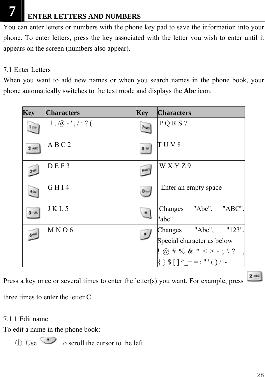  287   ENTER LETTERS AND NUMBERS   You can enter letters or numbers with the phone key pad to save the information into your phone. To enter letters, press the key associated with the letter you wish to enter until it appears on the screen (numbers also appear).    7.1 Enter Letters When you want to add new names or when you search names in the phone book, your phone automatically switches to the text mode and displays the Abc icon.   Key    Characters Key Characters  1 . @ - ' , / : ? (   P Q R S 7   A B C 2  T U V 8     D E F 3     W X Y Z 9   G H I 4    Enter an empty space   J K L 5     Changes  "Abc",  "ABC", "abc"   M N O 6    Changes "Abc", "123", Special character as below ! @ # % &amp; * < > - ; \ ? . , { } $ [ ] ^_+ = : " ' ( ) / ~ Press a key once or several times to enter the letter(s) you want. For example, press three times to enter the letter C.    7.1.1 Edit name   To edit a name in the phone book:   ① Use    to scroll the cursor to the left.   