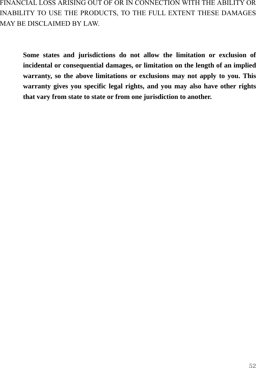 52FINANCIAL LOSS ARISING OUT OF OR IN CONNECTION WITH THE ABILITY OR INABILITY TO USE THE PRODUCTS, TO THE FULL EXTENT THESE DAMAGES MAY BE DISCLAIMED BY LAW.  Some states and jurisdictions do not allow the limitation or exclusion of incidental or consequential damages, or limitation on the length of an implied warranty, so the above limitations or exclusions may not apply to you. This warranty gives you specific legal rights, and you may also have other rights that vary from state to state or from one jurisdiction to another.                        