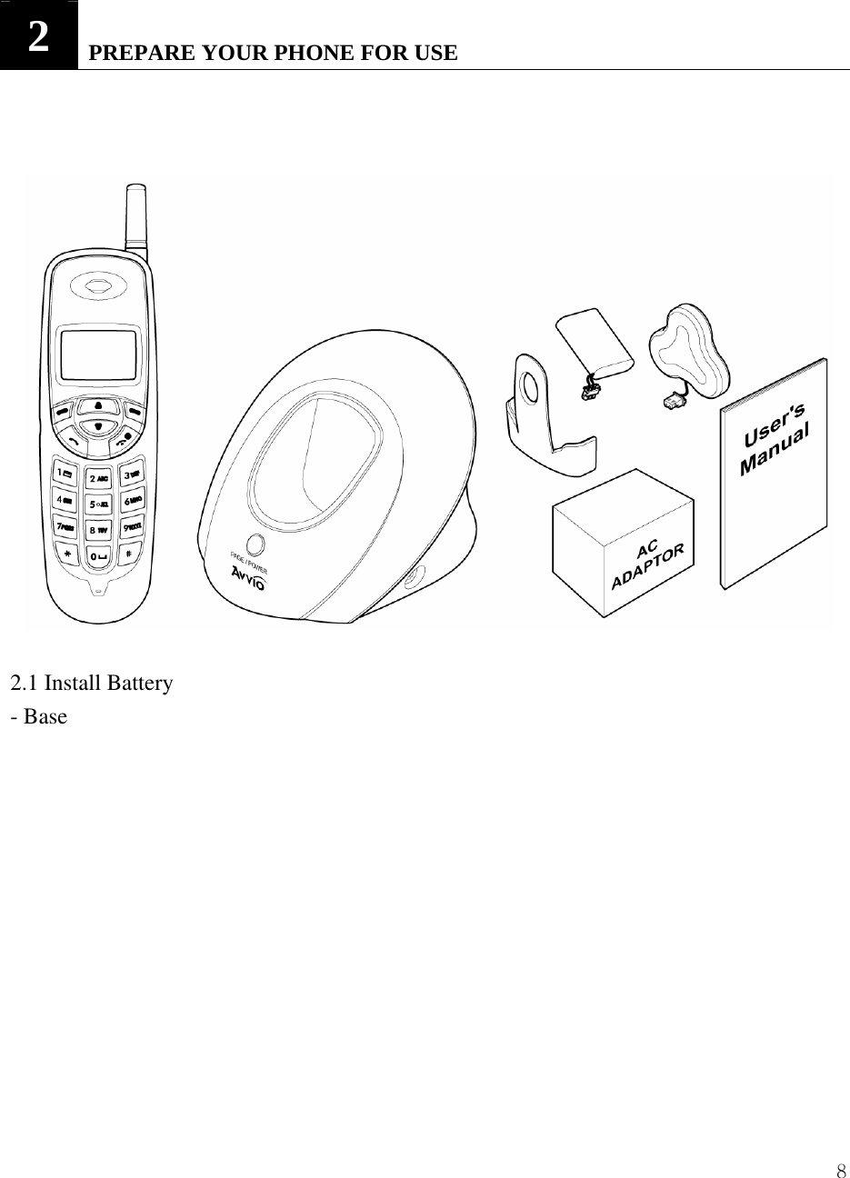  8 2   PREPARE YOUR PHONE FOR USE     2.1 Install Battery - Base  
