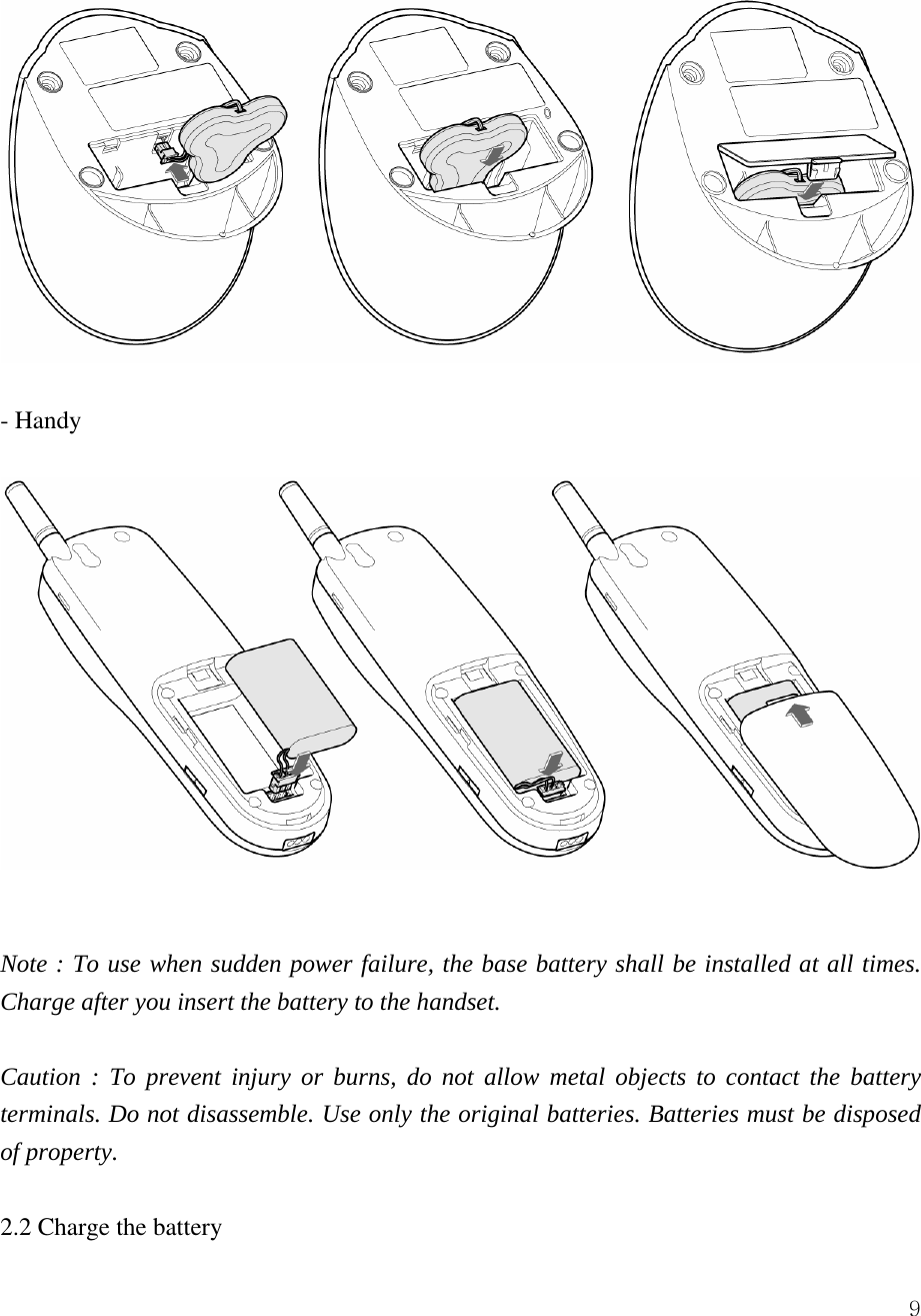  9 - Handy    Note : To use when sudden power failure, the base battery shall be installed at all times. Charge after you insert the battery to the handset.    Caution : To prevent injury or burns, do not allow metal objects to contact the battery terminals. Do not disassemble. Use only the original batteries. Batteries must be disposed of property.  2.2 Charge the battery 