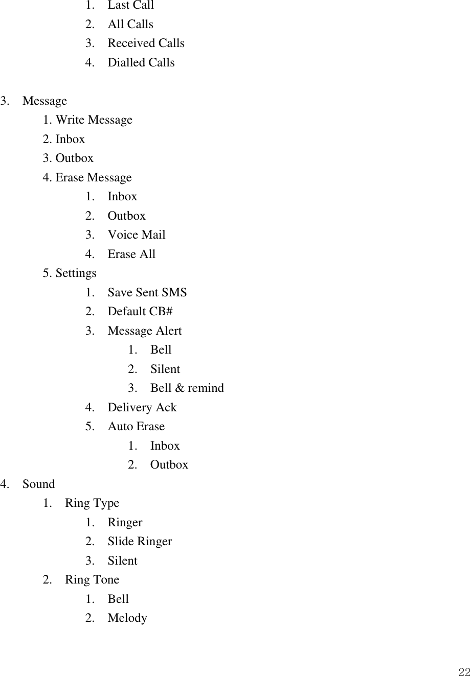  22  1.  Last Call   2.  All Calls   3.  Received Calls     4.  Dialled Calls  3.  Message  1. Write Message  2. Inbox  3. Outbox   4. Erase Message     1.  Inbox     2.  Outbox     3.  Voice Mail     4.  Erase All  5. Settings     1.  Save Sent SMS     2.  Default CB#     3.  Message Alert    1.  Bell    2.  Silent    3.  Bell &amp; remind     4.  Delivery Ack     5.  Auto Erase    1.  Inbox    2.  Outbox 4.  Sound   1.  Ring Type     1.  Ringer     2.  Slide Ringer     3.  Silent   2.  Ring Tone     1.  Bell     2.  Melody 