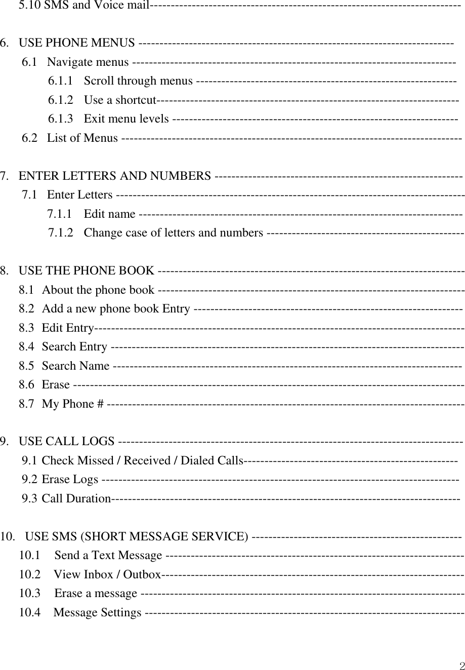  25.10 SMS and Voice mail--------------------------------------------------------------------------  6.   USE PHONE MENUS ---------------------------------------------------------------------------        6.1   Navigate menus ----------------------------------------------------------------------------- 6.1.1 Scroll through menus --------------------------------------------------------------        6.1.2  Use a shortcut------------------------------------------------------------------------        6.1.3  Exit menu levels --------------------------------------------------------------------        6.2   List of Menus ---------------------------------------------------------------------------------  7.   ENTER LETTERS AND NUMBERS ----------------------------------------------------------- 7.1   Enter Letters -----------------------------------------------------------------------------------     7.1.1  Edit name -----------------------------------------------------------------------------        7.1.2  Change case of letters and numbers -----------------------------------------------       8.   USE THE PHONE BOOK ------------------------------------------------------------------------- 8.1  About the phone book ------------------------------------------------------------------------- 8.2  Add a new phone book Entry ---------------------------------------------------------------- 8.3  Edit Entry---------------------------------------------------------------------------------------- 8.4  Search Entry ------------------------------------------------------------------------------------ 8.5  Search Name ----------------------------------------------------------------------------------- 8.6 Erase --------------------------------------------------------------------------------------------- 8.7  My Phone # -------------------------------------------------------------------------------------  9.   USE CALL LOGS ---------------------------------------------------------------------------------- 9.1 Check Missed / Received / Dialed Calls--------------------------------------------------- 9.2 Erase Logs ------------------------------------------------------------------------------------- 9.3 Call Duration-----------------------------------------------------------------------------------  10.   USE SMS (SHORT MESSAGE SERVICE) -------------------------------------------------- 10.1     Send a Text Message ----------------------------------------------------------------------- 10.2    View Inbox / Outbox------------------------------------------------------------------------ 10.3     Erase a message ----------------------------------------------------------------------------- 10.4  Message Settings ---------------------------------------------------------------------------- 