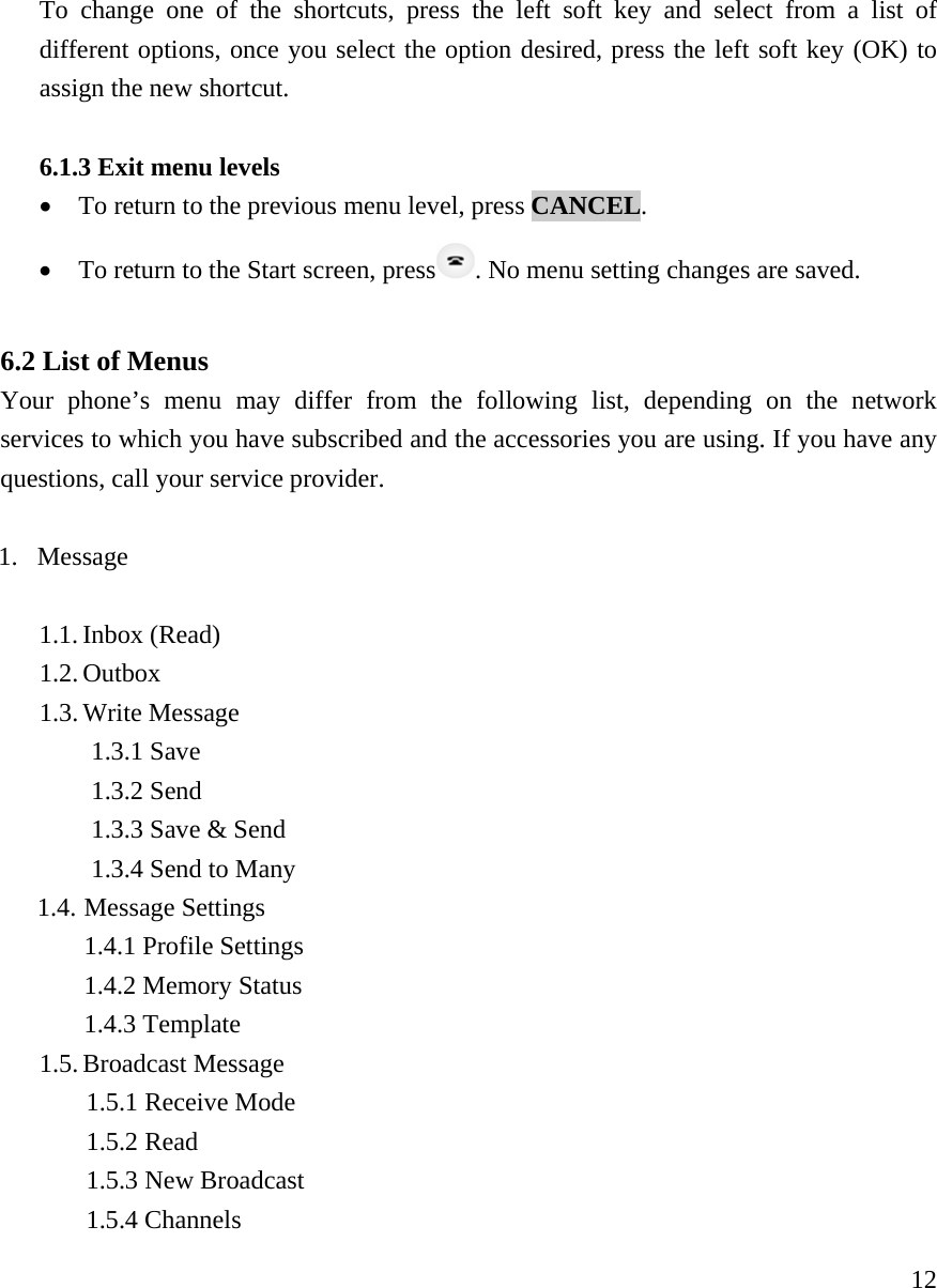     12To change one of the shortcuts, press the left soft key and select from a list of different options, once you select the option desired, press the left soft key (OK) to assign the new shortcut.  6.1.3 Exit menu levels  &bull; To return to the previous menu level, press CANCEL.  &bull; To return to the Start screen, press . No menu setting changes are saved.   6.2 List of Menus   Your phone&rsquo;s menu may differ from the following list, depending on the network services to which you have subscribed and the accessories you are using. If you have any questions, call your service provider.   1. Message  1.1. Inbox (Read) 1.2. Outbox 1.3. Write Message 1.3.1 Save 1.3.2 Send 1.3.3 Save &amp; Send 1.3.4 Send to Many 1.4. Message Settings 1.4.1 Profile Settings 1.4.2 Memory Status   1.4.3 Template   1.5. Broadcast Message 1.5.1 Receive Mode 1.5.2 Read 1.5.3 New Broadcast   1.5.4 Channels   