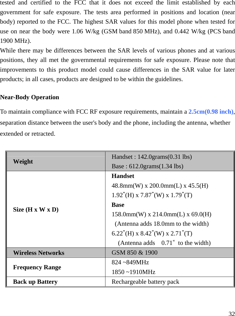     32tested and certified to the FCC that it does not exceed the limit established by each government for safe exposure. The tests area performed in positions and location (near body) reported to the FCC. The highest SAR values for this model phone when tested for use on near the body were 1.06 W/kg (GSM band 850 MHz), and 0.442 W/kg (PCS band 1900 MHz). While there may be differences between the SAR levels of various phones and at various positions, they all met the governmental requirements for safe exposure. Please note that improvements to this product model could cause differences in the SAR value for later products; in all cases, products are designed to be within the guidelines.    Near-Body Operation  To maintain compliance with FCC RF exposure requirements, maintain a 2.5cm(0.98 inch), separation distance between the user's body and the phone, including the antenna, whether extended or retracted.  Weight Handset : 142.0grams(0.31 lbs) Base : 612.0grams(1.34 lbs) Size (H x W x D) Handset 48.8mm(W) x 200.0mm(L) x 45.5(H)   1.92&rdquo;(H) x 7.87&rdquo;(W) x 1.79&rdquo;(T) Base 158.0mm(W) x 214.0mm(L) x 69.0(H)   (Antenna adds 18.0mm to the width) 6.22&rdquo;(H) x 8.42&rdquo;(W) x 2.71&rdquo;(T)   (Antenna adds  0.71&ldquo;  to the width) Wireless Networks GSM 850 &amp; 1900 Frequency Range 824 ~849MHz 1850 ~1910MHz Back up Battery  Rechargeable battery pack   