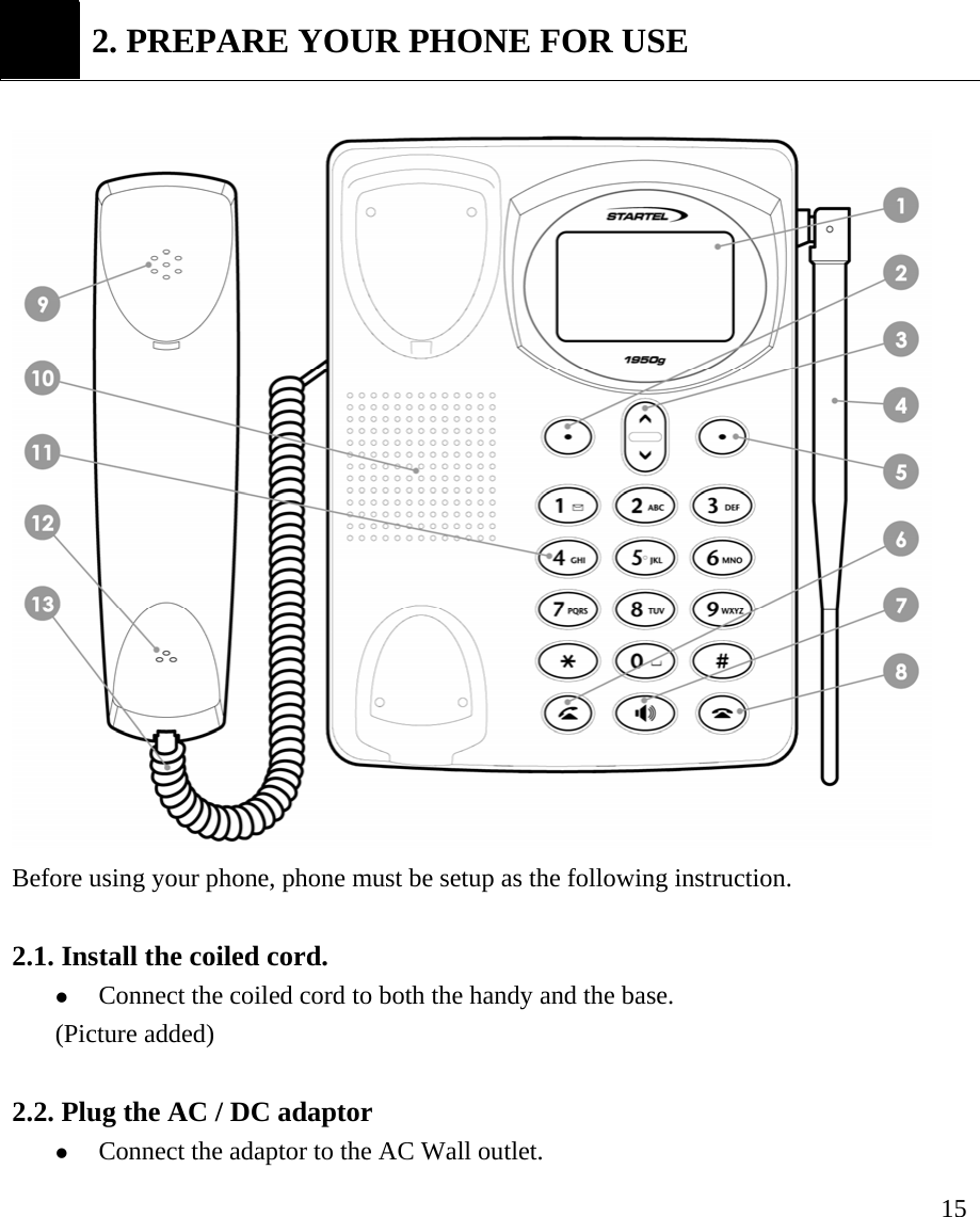     15   2. PREPARE YOUR PHONE FOR USE   Before using your phone, phone must be setup as the following instruction.    2.1. Install the coiled cord.   z Connect the coiled cord to both the handy and the base.   (Picture added)  2.2. Plug the AC / DC adaptor   z Connect the adaptor to the AC Wall outlet.   