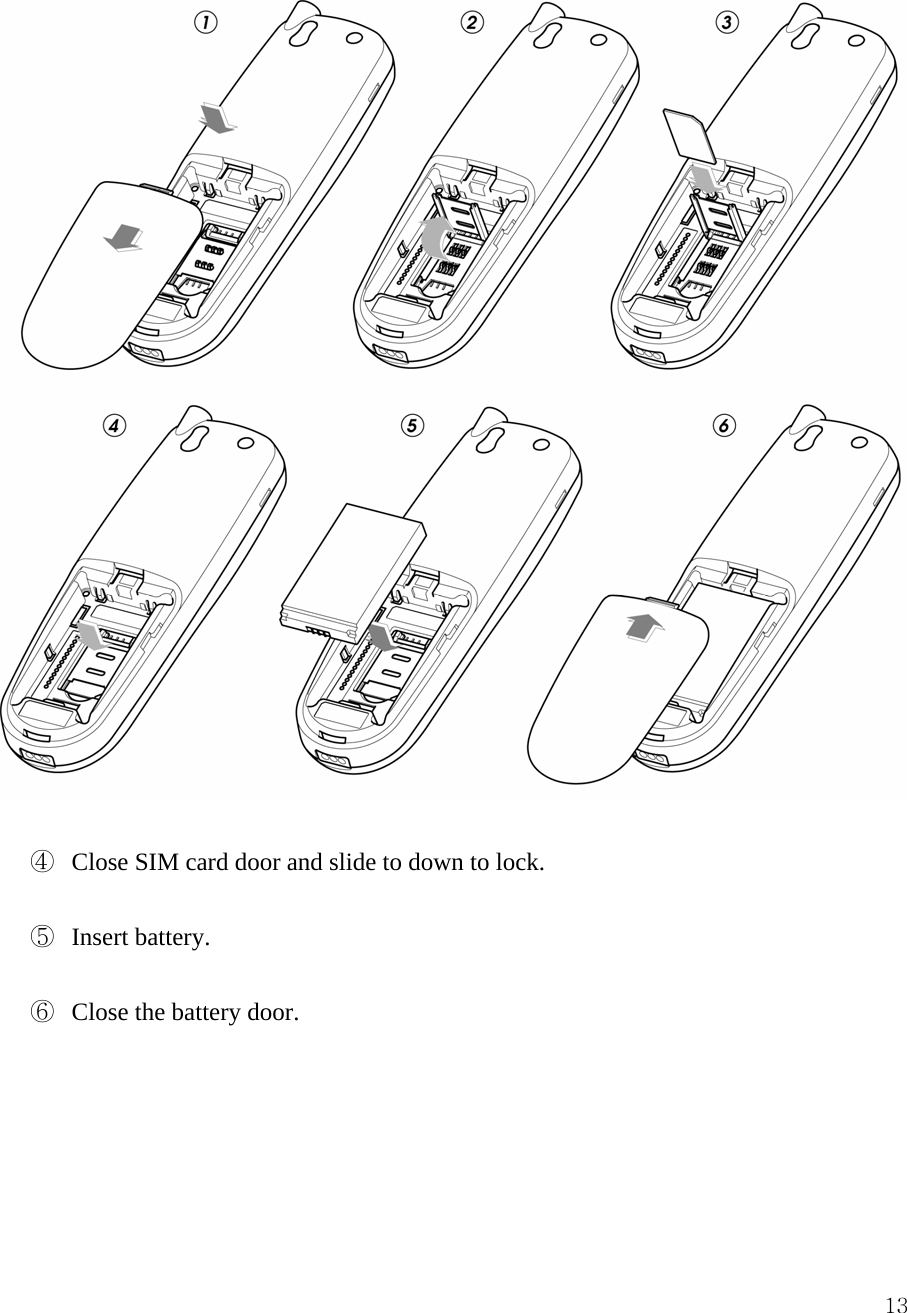  13  ④  Close SIM card door and slide to down to lock.    ⑤  Insert battery.    ⑥  Close the battery door.        