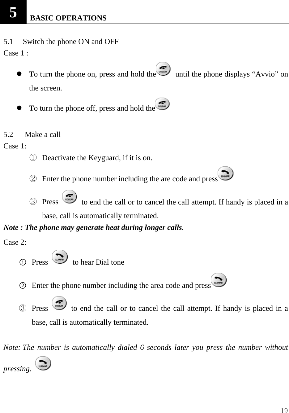  195   BASIC OPERATIONS   5.1     Switch the phone ON and OFF Case 1 :   z To turn the phone on, press and hold the   until the phone displays &ldquo;Avvio&rdquo; on the screen. z To turn the phone off, press and hold the   5.2   Make a call  Case 1: ①  Deactivate the Keyguard, if it is on.   ②  Enter the phone number including the are code and press  ③  Press    to end the call or to cancel the call attempt. If handy is placed in a base, call is automatically terminated.   Note : The phone may generate heat during longer calls. Case 2: ① Press   to hear Dial tone ② Enter the phone number including the area code and press  ③  Press   to end the call or to cancel the call attempt. If handy is placed in a base, call is automatically terminated.    Note: The number is automatically dialed 6 seconds later you press the number without pressing.    