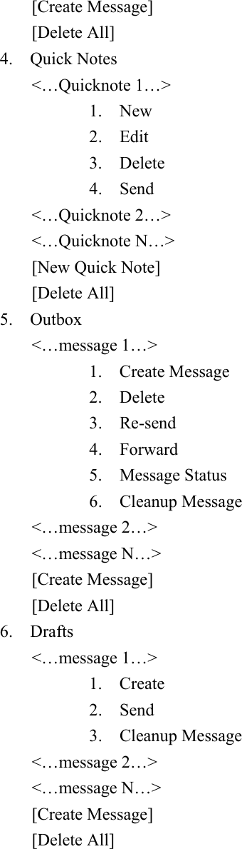 [Create Message] [Delete All]      4.  Quick Notes  <&hellip;Quicknote 1&hellip;>  1.  New  2.  Edit  3.  Delete  4.  Send  <&hellip;Quicknote 2&hellip;>  <&hellip;Quicknote N&hellip;>  [New Quick Note]  [Delete All]  5.  Outbox   <&hellip;message 1&hellip;> 1.  Create Message  2.  Delete  3.  Re-send  4.  Forward  5.  Message Status  6.  Cleanup Message  <&hellip;message 2&hellip;>  <&hellip;message N&hellip;>  [Create Message]  [Delete All]  6.  Drafts   <&hellip;message 1&hellip;>    1.  Create    2.  Send    3.  Cleanup Message  <&hellip;message 2&hellip;>  <&hellip;message N&hellip;>  [Create Message]  [Delete All] 