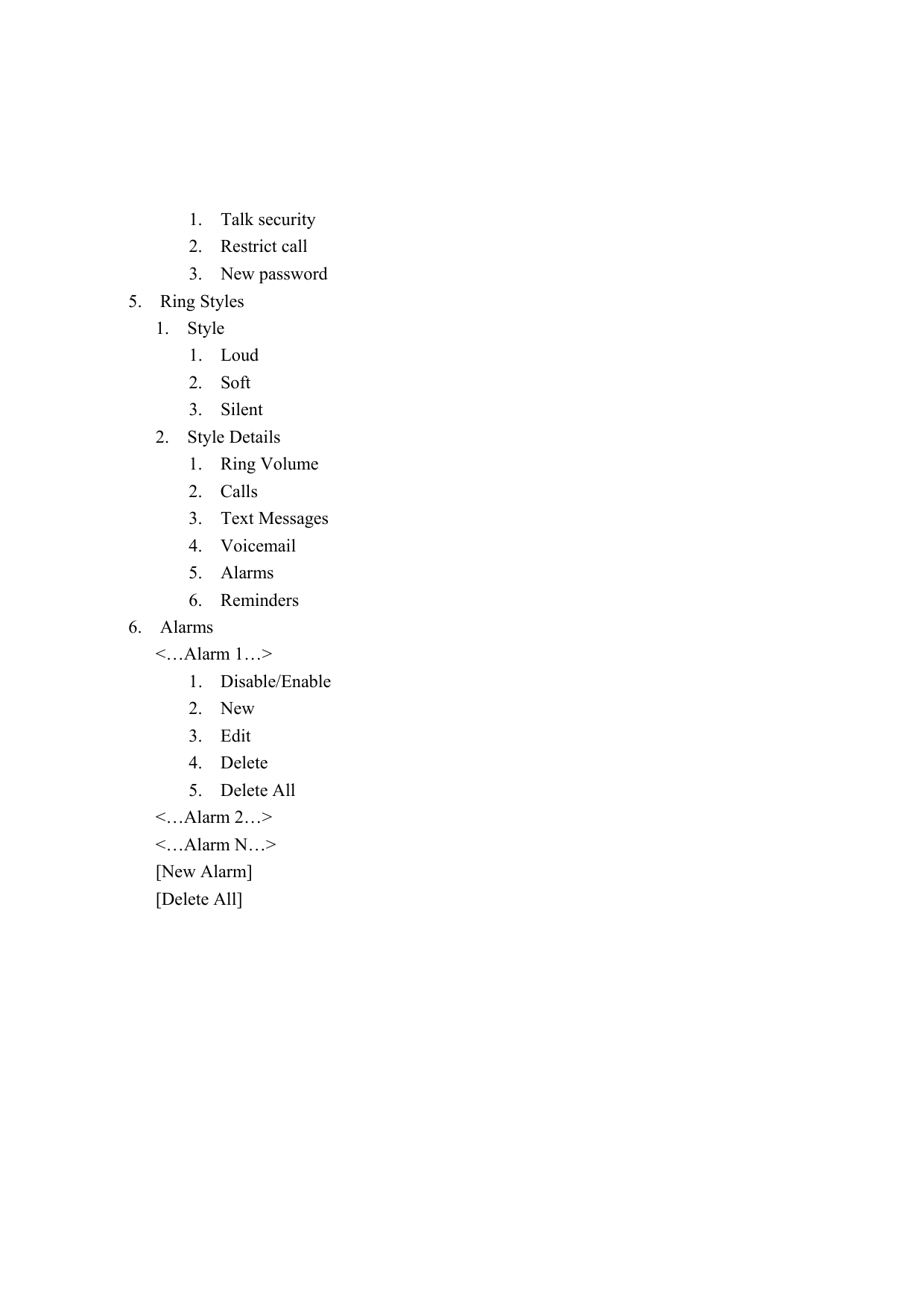 1.  Talk security  2.  Restrict call  3.  New password  5.  Ring Styles  1.  Style   1.  Loud   2.  Soft   3.  Silent  2.  Style Details  1.  Ring Volume  2.  Calls  3.  Text Messages  4.  Voicemail  5.  Alarms  6.  Reminders  6.  Alarms     <&hellip;Alarm 1&hellip;> 1. Disable/Enable 2. New 3. Edit 4. Delete 5. Delete All    <&hellip;Alarm 2&hellip;>    <&hellip;Alarm N&hellip;>    [New Alarm]    [Delete All]       