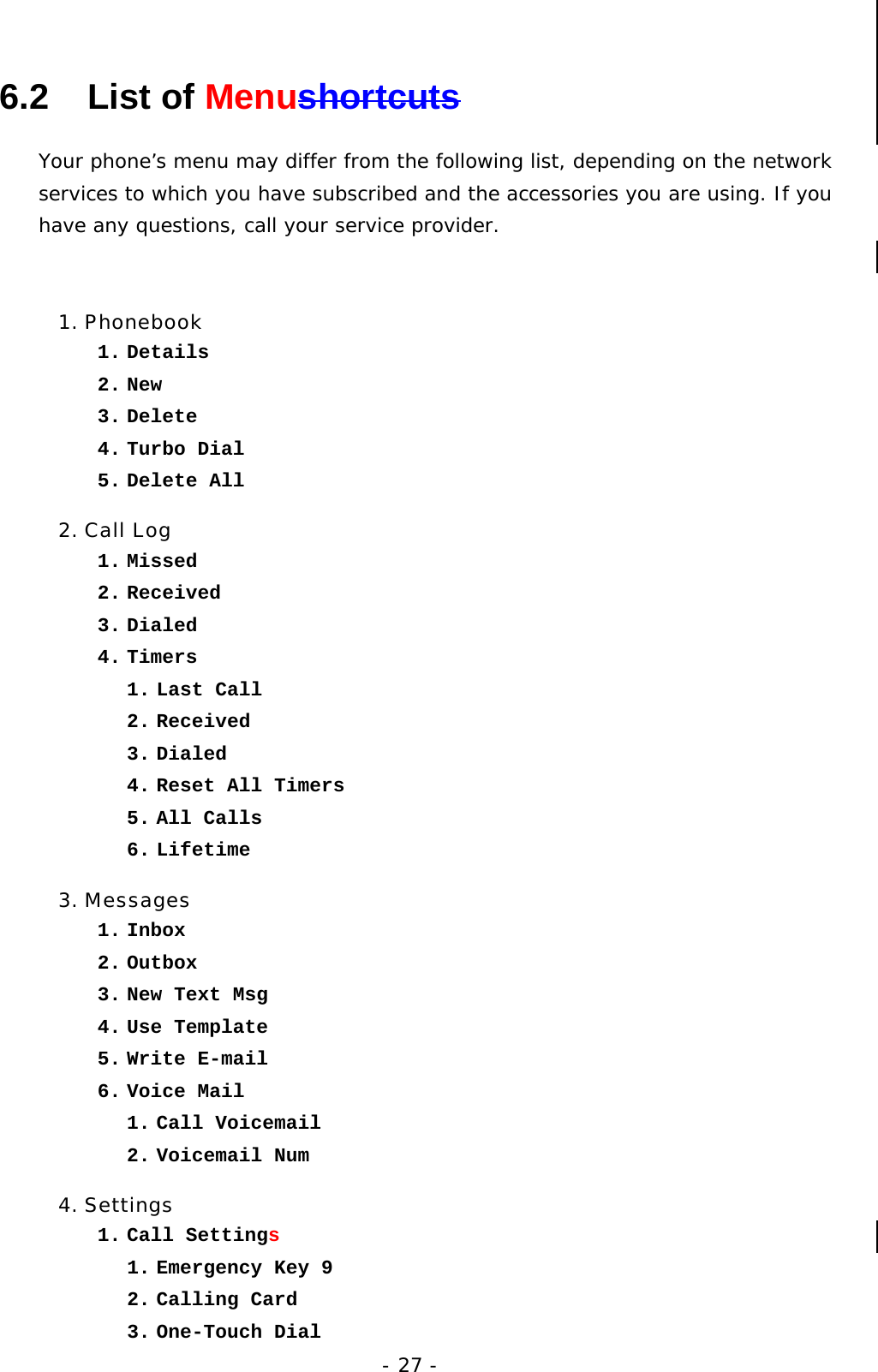 - 27 - 6.2   List of Menushortcuts Your phone&rsquo;s menu may differ from the following list, depending on the network services to which you have subscribed and the accessories you are using. If you have any questions, call your service provider.   1. Phonebook 1. Details 2. New 3. Delete 4. Turbo Dial 5. Delete All 2. Call Log 1. Missed 2. Received 3. Dialed 4. Timers 1. Last Call 2. Received 3. Dialed 4. Reset All Timers 5. All Calls 6. Lifetime 3. Messages 1. Inbox 2. Outbox 3. New Text Msg 4. Use Template 5. Write E-mail 6. Voice Mail 1. Call Voicemail 2. Voicemail Num 4. Settings 1. Call Settings 1. Emergency Key 9 2. Calling Card 3. One-Touch Dial 