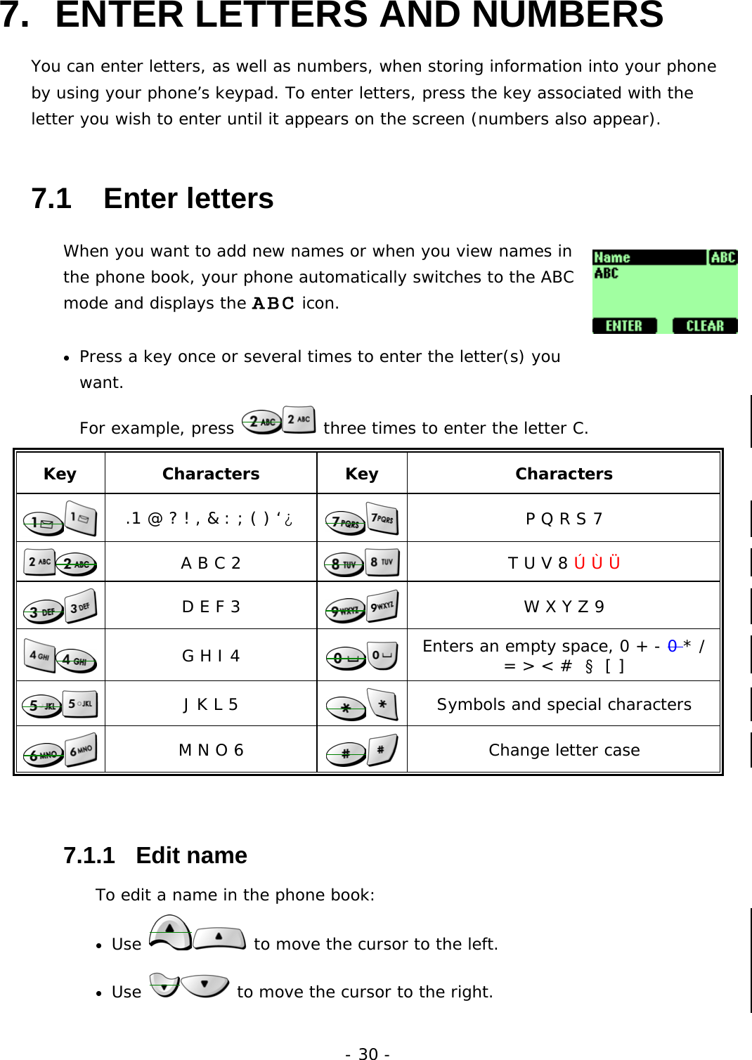 - 30 - 7.  ENTER LETTERS AND NUMBERS   You can enter letters, as well as numbers, when storing information into your phone by using your phone&rsquo;s keypad. To enter letters, press the key associated with the letter you wish to enter until it appears on the screen (numbers also appear).   7.1   Enter letters When you want to add new names or when you view names in the phone book, your phone automatically switches to the ABC mode and displays the ABC icon. &bull;  Press a key once or several times to enter the letter(s) you want. For example, press   three times to enter the letter C. Key Characters Key  Characters  .1 @ ? ! , &amp; : ; ( ) &lsquo;&iquest;  P Q R S 7  A B C 2   T U V 8 &Uacute; &Ugrave; &Uuml;  D E F 3   W X Y Z 9  G H I 4   Enters an empty space, 0 + - 0 * / = > < # &sect; [ ]  J K L 5   Symbols and special characters  M N O 6   Change letter case 7.1.1   Edit name To edit a name in the phone book: &bull;  Use   to move the cursor to the left. &bull;  Use   to move the cursor to the right. 
