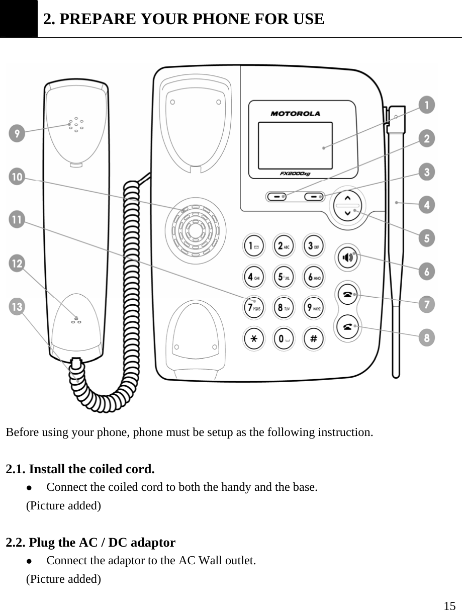     15 2. PREPARE YOUR PHONE FOR USE   Before using your phone, phone must be setup as the following instruction.    2.1. Install the coiled cord.   z Connect the coiled cord to both the handy and the base.   (Picture added)  2.2. Plug the AC / DC adaptor  z Connect the adaptor to the AC Wall outlet.   (Picture added) 