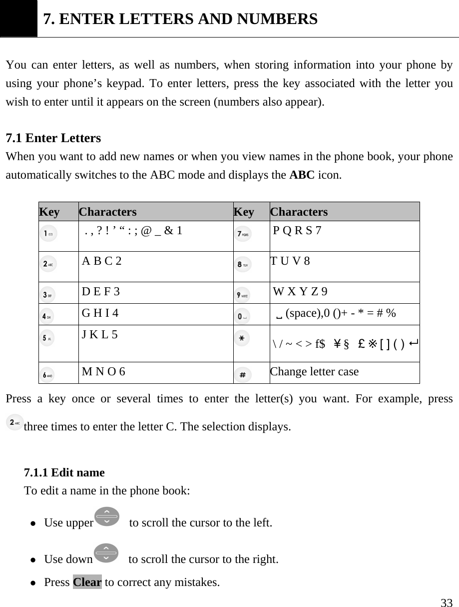     33 7. ENTER LETTERS AND NUMBERS  You can enter letters, as well as numbers, when storing information into your phone by using your phone&rsquo;s keypad. To enter letters, press the key associated with the letter you wish to enter until it appears on the screen (numbers also appear).    7.1 Enter Letters   When you want to add new names or when you view names in the phone book, your phone automatically switches to the ABC mode and displays the ABC icon.   Key Characters Key Characters  . , ? ! &rsquo; &ldquo; : ; @ _ &amp; 1    P Q R S 7   A B C 2     T U V 8     D E F 3      W X Y Z 9   G H I 4     9 (space),0 ()+ - * = # %     J K L 5      \ / ~ < > f$  ￥&sect;  ￡※[ ] ( )    M N O 6     Change letter case Press a key once or several times to enter the letter(s) you want. For example, press three times to enter the letter C. The selection displays.    7.1.1 Edit name   To edit a name in the phone book:   z Use upper     to scroll the cursor to the left.   z Use down    to scroll the cursor to the right.   z Press Clear to correct any mistakes.   