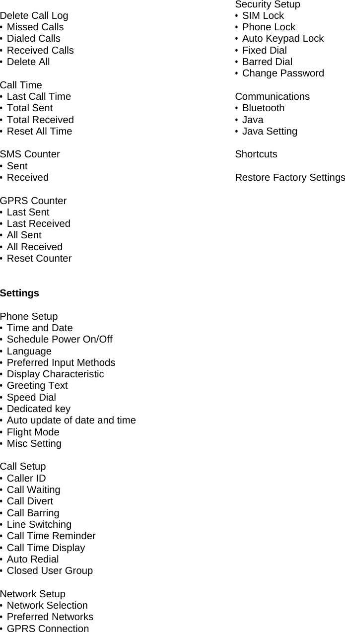  Delete Call Log &bull; Missed Calls &bull; Dialed Calls &bull; Received Calls &bull; Delete All  Call Time &bull; Last Call Time &bull; Total Sent &bull; Total Received &bull; Reset All Time  SMS Counter &bull; Sent &bull; Received  GPRS Counter &bull; Last Sent &bull; Last Received &bull; All Sent &bull; All Received &bull; Reset Counter   Settings  Phone Setup &bull; Time and Date &bull; Schedule Power On/Off &bull; Language &bull; Preferred Input Methods &bull; Display Characteristic &bull; Greeting Text &bull; Speed Dial &bull; Dedicated key &bull; Auto update of date and time &bull; Flight Mode &bull; Misc Setting  Call Setup &bull; Caller ID &bull; Call Waiting &bull; Call Divert &bull; Call Barring &bull; Line Switching &bull; Call Time Reminder &bull; Call Time Display &bull; Auto Redial &bull; Closed User Group  Network Setup &bull; Network Selection &bull; Preferred Networks &bull; GPRS Connection  Security Setup &bull; SIM Lock &bull; Phone Lock &bull; Auto Keypad Lock &bull; Fixed Dial &bull; Barred Dial &bull; Change Password  Communications &bull; Bluetooth &bull; Java &bull; Java Setting  Shortcuts  Restore Factory Settings 