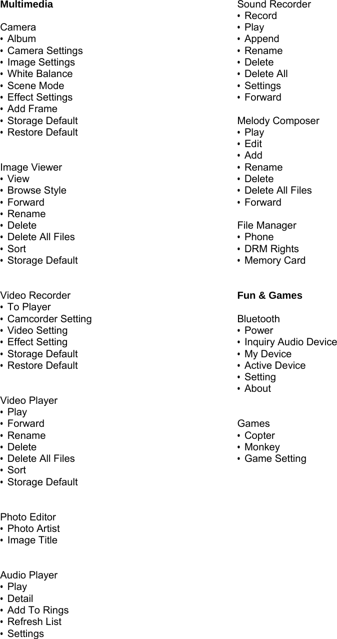 Multimedia  Camera &bull; Album &bull; Camera Settings &bull; Image Settings &bull; White Balance &bull; Scene Mode &bull; Effect Settings &bull; Add Frame &bull; Storage Default &bull; Restore Default   Image Viewer &bull; View &bull; Browse Style &bull; Forward &bull; Rename &bull; Delete &bull;  Delete All Files &bull; Sort &bull; Storage Default   Video Recorder &bull; To Player &bull; Camcorder Setting &bull; Video Setting &bull; Effect Setting &bull; Storage Default &bull; Restore Default   Video Player &bull; Play &bull; Forward &bull; Rename &bull; Delete &bull;  Delete All Files &bull; Sort &bull; Storage Default    Photo Editor &bull; Photo Artist &bull; Image Title   Audio Player &bull; Play &bull; Detail &bull; Add To Rings &bull; Refresh List &bull; Settings  Sound Recorder &bull; Record &bull; Play &bull; Append &bull; Rename &bull; Delete &bull; Delete All &bull; Settings &bull; Forward  Melody Composer &bull; Play &bull; Edit &bull; Add &bull; Rename &bull; Delete &bull; Delete All Files &bull; Forward  File Manager &bull; Phone &bull; DRM Rights &bull; Memory Card   Fun &amp; Games  Bluetooth &bull; Power &bull; Inquiry Audio Device &bull; My Device &bull; Active Device &bull; Setting &bull; About   Games &bull; Copter &bull; Monkey &bull; Game Setting                 