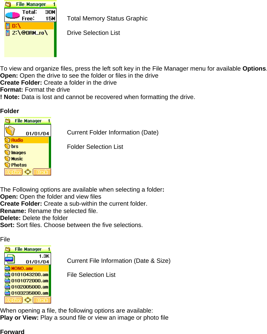    Total Memory Status Graphic  Drive Selection List     To view and organize files, press the left soft key in the File Manager menu for available Options. Open: Open the drive to see the folder or files in the drive Create Folder: Create a folder in the drive Format: Format the drive ! Note: Data is lost and cannot be recovered when formatting the drive.  Folder   Current Folder Information (Date)  Folder Selection List      The Following options are available when selecting a folder: Open: Open the folder and view files Create Folder: Create a sub-within the current folder. Rename: Rename the selected file. Delete: Delete the folder Sort: Sort files. Choose between the five selections.  File    Current File Information (Date &amp; Size)  File Selection List     When opening a file, the following options are available: Play or View: Play a sound file or view an image or photo file  Forward    