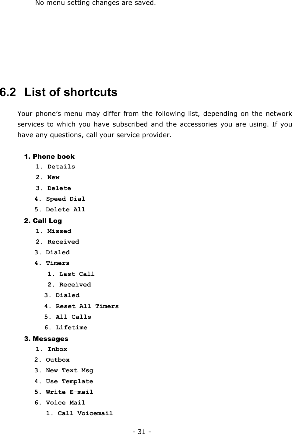 - 31 -   No menu setting changes are saved.       6.2   List of shortcuts Your phone&rsquo;s menu may differ from the following list, depending on the network services to which you have subscribed and the accessories you are using. If you have any questions, call your service provider.  1. Phone book    1. Details    2. New    3. Delete 4. Speed Dial 5. Delete All 2. Call Log    1. Missed    2. Received 3. Dialed 4. Timers       1. Last Call       2. Received 3. Dialed 4. Reset All Timers 5. All Calls 6. Lifetime 3. Messages    1. Inbox 2. Outbox 3. New Text Msg 4. Use Template 5. Write E-mail 6. Voice Mail    1. Call Voicemail 