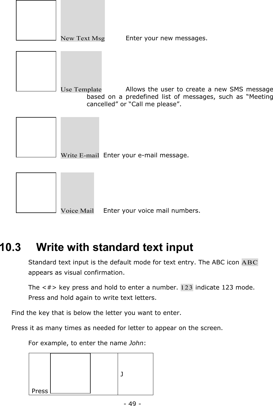 - 49 -   New Text Msg Enter your new messages.   Use Template   Allows the user to create a new SMS message based on a predefined list of messages, such as &ldquo;Meeting cancelled&rdquo; or &ldquo;Call me please&rdquo;.   Write E-mail  Enter your e-mail message.   Voice Mail  Enter your voice mail numbers.     10.3   Write with standard text input Standard text input is the default mode for text entry. The ABC icon ABC appears as visual confirmation. The <#> key press and hold to enter a number. 123 indicate 123 mode. Press and hold again to write text letters.   Find the key that is below the letter you want to enter.  Press it as many times as needed for letter to appear on the screen. For example, to enter the name John: Press   J 