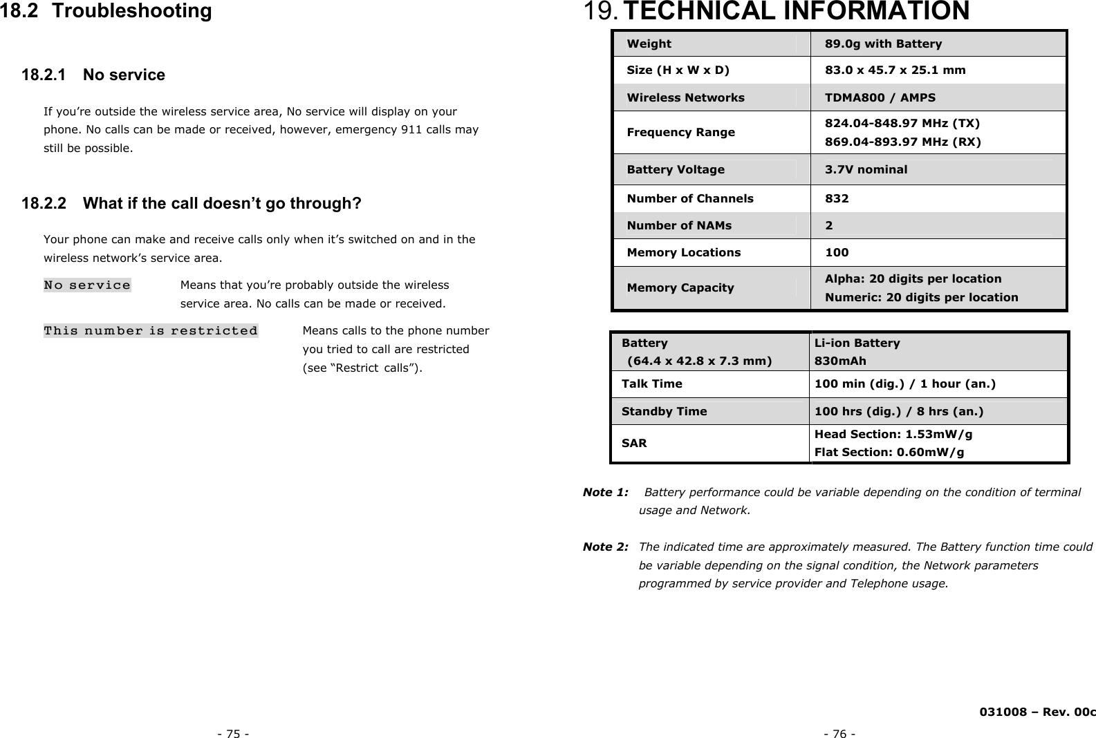 - 75 - 18.2  Troubleshooting 18.2.1   No service If you&rsquo;re outside the wireless service area, No service will display on your phone. No calls can be made or received, however, emergency 911 calls may still be possible. 18.2.2   What if the call doesn&rsquo;t go through? Your phone can make and receive calls only when it&rsquo;s switched on and in the wireless network&rsquo;s service area. No service     Means that you&rsquo;re probably outside the wireless         service area. No calls can be made or received. This number is restricted    Means calls to the phone number       you tried to call are restricted       (see &ldquo;Restrict calls&rdquo;).  - 76 - 19. TECHNICAL INFORMATION Weight  89.0g with Battery Size (H x W x D)  83.0 x 45.7 x 25.1 mm Wireless Networks  TDMA800 / AMPS Frequency Range  824.04-848.97 MHz (TX) 869.04-893.97 MHz (RX) Battery Voltage  3.7V nominal Number of Channels  832 Number of NAMs  2 Memory Locations  100 Memory Capacity  Alpha: 20 digits per location Numeric: 20 digits per location  Battery (64.4 x 42.8 x 7.3 mm) Li-ion Battery 830mAh Talk Time    100 min (dig.) / 1 hour (an.) Standby Time  100 hrs (dig.) / 8 hrs (an.)  SAR  Head Section: 1.53mW/g Flat Section: 0.60mW/g  Note 1:    Battery performance could be variable depending on the condition of terminal usage and Network.  Note 2:   The indicated time are approximately measured. The Battery function time could be variable depending on the signal condition, the Network parameters programmed by service provider and Telephone usage.       031008 &ndash; Rev. 00c 