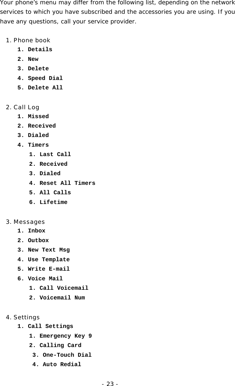 - 23 - Your phone&rsquo;s menu may differ from the following list, depending on the network services to which you have subscribed and the accessories you are using. If you have any questions, call your service provider.  1. Phone book 1. Details 2. New 3. Delete 4. Speed Dial 5. Delete All 2. Call Log 1. Missed 2. Received 3. Dialed 4. Timers 1. Last Call 2. Received 3. Dialed 4. Reset All Timers 5. All Calls 6. Lifetime 3. Messages 1. Inbox 2. Outbox 3. New Text Msg 4. Use Template 5. Write E-mail 6. Voice Mail 1. Call Voicemail 2. Voicemail Num 4. Settings 1. Call Settings 1. Emergency Key 9 2. Calling Card 3. One-Touch Dial 4. Auto Redial 