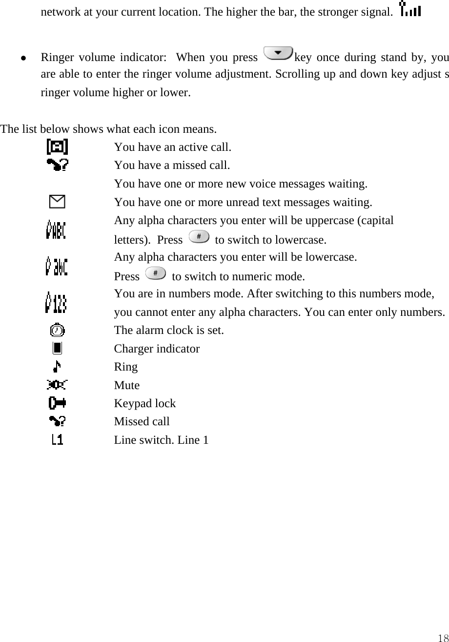  18network at your current location. The higher the bar, the stronger signal.    z Ringer volume indicator:  When you press  key once during stand by, you are able to enter the ringer volume adjustment. Scrolling up and down key adjust s ringer volume higher or lower.      The list below shows what each icon means.    You have an active call.  You have a missed call.   You have one or more new voice messages waiting.  You have one or more unread text messages waiting.  Any alpha characters you enter will be uppercase (capital letters).  Press   to switch to lowercase.  Any alpha characters you enter will be lowercase.   Press   to switch to numeric mode.  You are in numbers mode. After switching to this numbers mode, you cannot enter any alpha characters. You can enter only numbers. The alarm clock is set.    Charger indicator  Ring  Mute  Keypad lock  Missed call  Line switch. Line 1         
