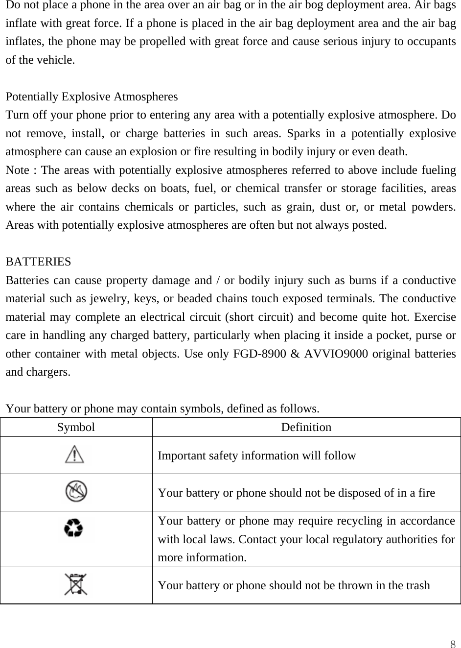  8Do not place a phone in the area over an air bag or in the air bog deployment area. Air bags inflate with great force. If a phone is placed in the air bag deployment area and the air bag inflates, the phone may be propelled with great force and cause serious injury to occupants of the vehicle.    Potentially Explosive Atmospheres Turn off your phone prior to entering any area with a potentially explosive atmosphere. Do not remove, install, or charge batteries in such areas. Sparks in a potentially explosive atmosphere can cause an explosion or fire resulting in bodily injury or even death.   Note : The areas with potentially explosive atmospheres referred to above include fueling areas such as below decks on boats, fuel, or chemical transfer or storage facilities, areas where the air contains chemicals or particles, such as grain, dust or, or metal powders. Areas with potentially explosive atmospheres are often but not always posted.    BATTERIES Batteries can cause property damage and / or bodily injury such as burns if a conductive material such as jewelry, keys, or beaded chains touch exposed terminals. The conductive material may complete an electrical circuit (short circuit) and become quite hot. Exercise care in handling any charged battery, particularly when placing it inside a pocket, purse or other container with metal objects. Use only FGD-8900 &amp; AVVIO9000 original batteries and chargers.  Your battery or phone may contain symbols, defined as follows. Symbol Definition  Important safety information will follow  Your battery or phone should not be disposed of in a fire  Your battery or phone may require recycling in accordance with local laws. Contact your local regulatory authorities for more information.    Your battery or phone should not be thrown in the trash 